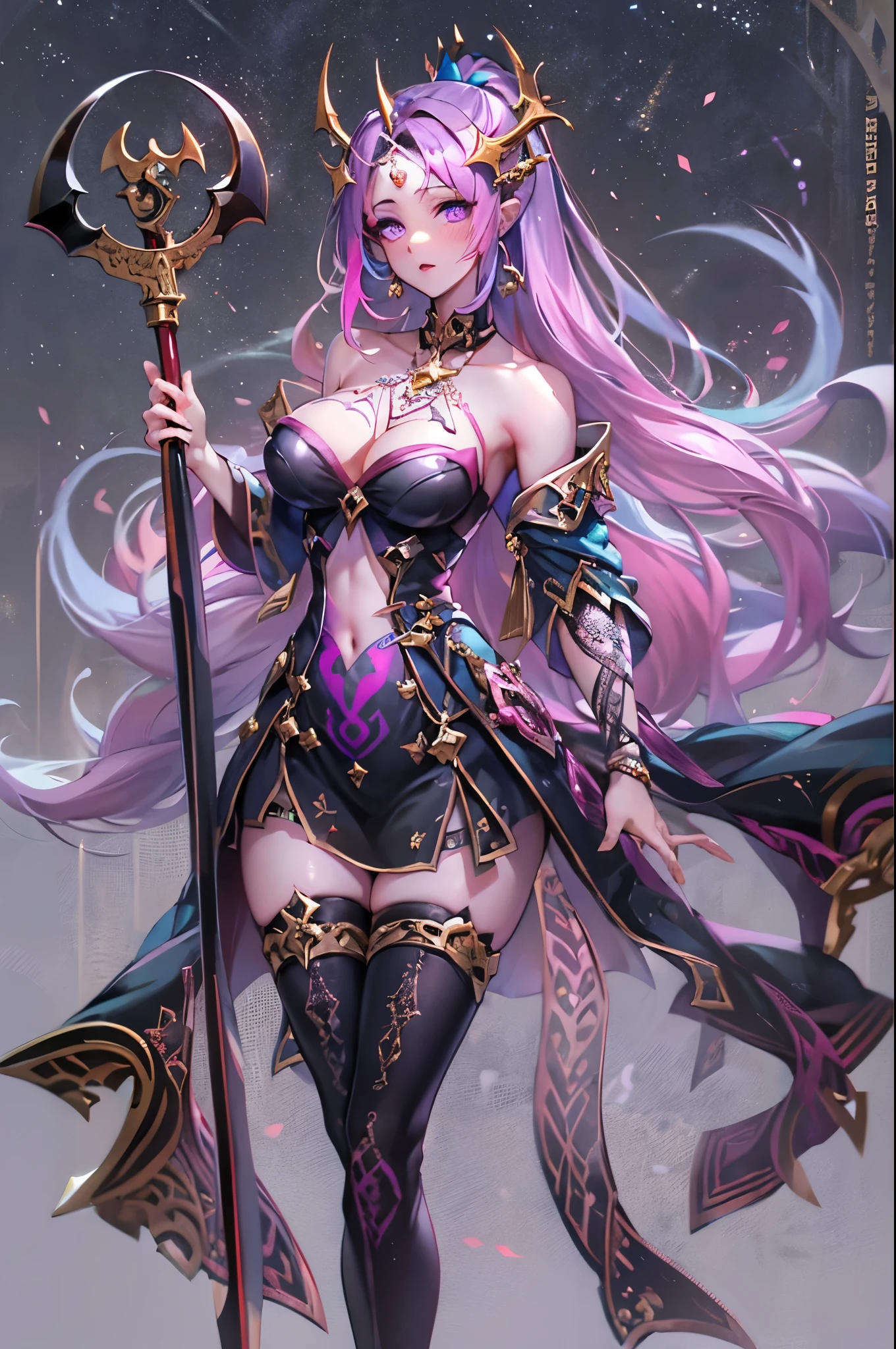 Vampire Queen Combat Dress (Radiant Royal Cloak: 1.2) Black and Purple Color, (extremely delicate beautiful eyes and depression but arrogant eyes), (multicolor, ponytail, iridescent hair, colorful hair, half purple and half pink hair: 1.3), (magical, mythic,fantasy), (Super Model Body Shape, idol, seducing body, attractive, gorgeous, charming, majesty, Sexy Devil aura), Original Character, Masterpiece, Tempting Purple Eyes, Purple Gemstone Accessories, Gold Belt, Gold Necklace, Wind Evil and body floating effect, Soft Moonlight, unique crown, (Corruption Tattoo on 1;1.25), (holding a Giant Scythe 1:1.3), 16k wallpaper style,bare shoulders, cute, petite, solo, stars, stardust, shiny body detailed, creative, killing scenario, legend, horny blush, pink lips, cinematic lighting, full body close-up, scale up, twilight, perfect weapon