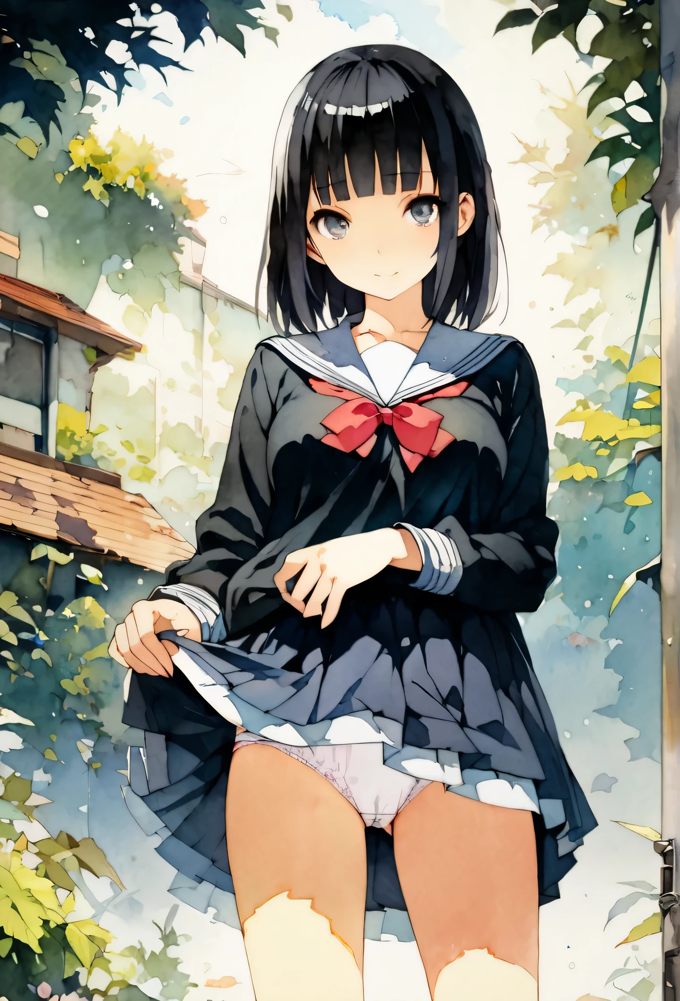 (masterpiece:1.3), (best quality:1.2), (illustration:1.2), (ultra detailed:1.2), (pixiv:1.4),
ultra high res, watercolor, a girl with brown long  and blunt bangs hair, garden,skirt lift,white panties,upper body,, incredibly absurdres, huge filesize, ultra-detailed, highres, extremely detailed CG unity 8k wallpaper, CG,masterpiece, (((best quality))), ((ultra-detailed)), (perfect anatomy:1.4),(beautiful eyes:1.4), solo,( girl:1.3),medium breasts,(cute face:1.2),(long straight black hair with blunt bangs:1.2),(school uniform with shirt and skirt:1),(ribbon:1.1),(zettai ryouiki with black socks:1.3),(smile:0.6),
(masterpiece:1.3), (best quality:1.2), (illustration:1.2), (ultra detailed:1.2), (pixiv:1.4),
ultra high res, watercolor, (masterpiece, best quality), 