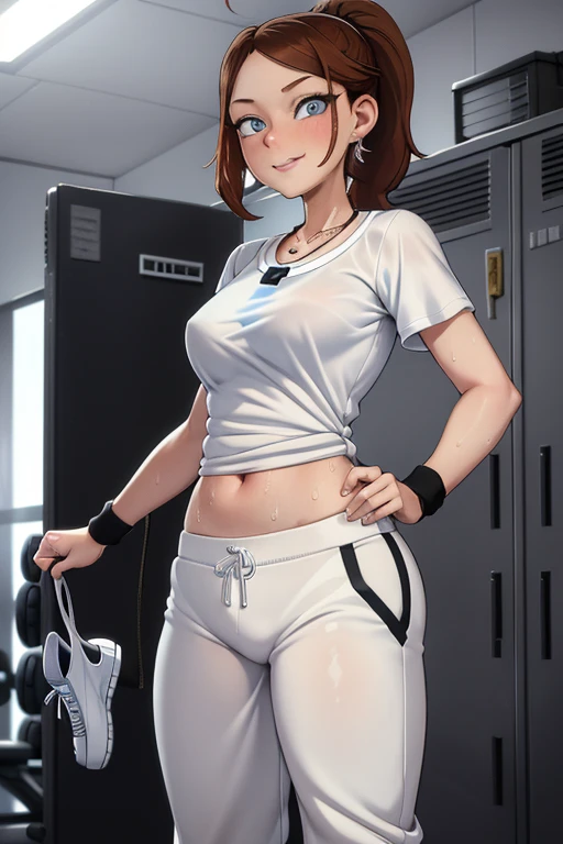 masterpiece, best quality, 1girl, portrait, 37 year old woman, short brown hair, ponytail styled hair, blue eyes, ((Wearing: White Gym T-shirt, Black Gym sweat pants, whistle necklace and black tennis shoes)), smile, standing, indoors, locker rooms
