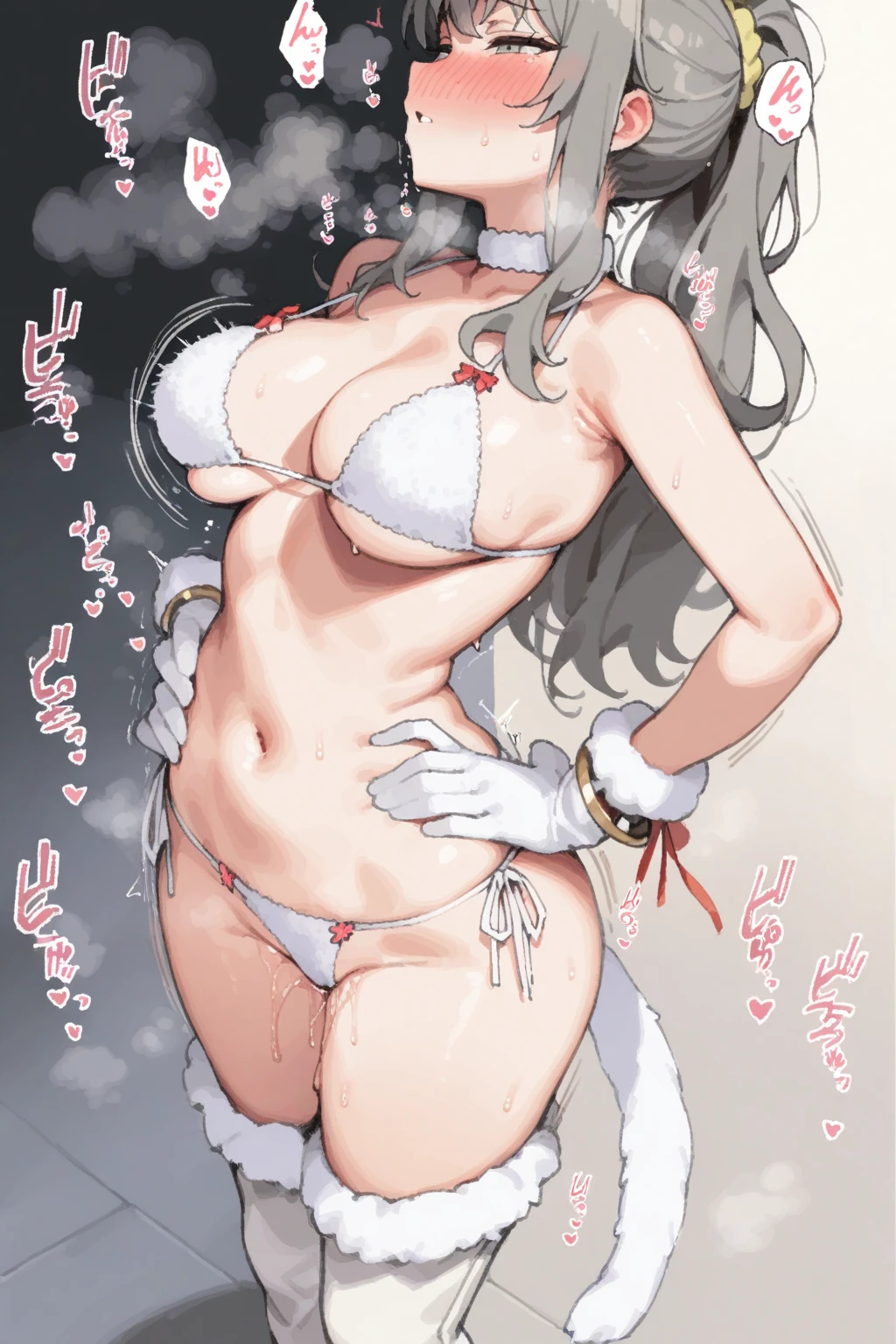 1girl, futaba rio, seishun buta yarou, solo, tegaki, standing, (hands on hip), motion line,motion blur,speed line, (circle motion:1.2), PONYTAIL, SCRUNCHIE, Big tits, Half-closed eyes, full-face blush, White Cat's-fake-ears, White Cat-fake-tail, White fur bikini, White fur choker, White fur bangle, White fur gloves, White over-knee fur long_boots, Small red thin ribbon decoration, (gleaming skin, vulgarity:1.2), love juice, heavy breathing, (lean back while standing:1.2), masterpiece