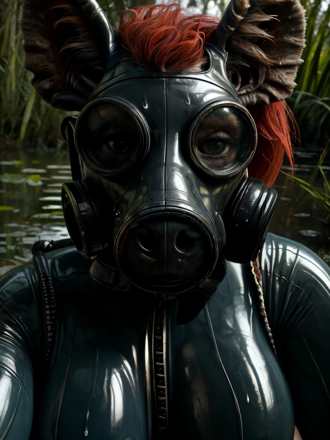 sweat drops, photography, (cool posing:1.1025), hyena, ultra realism shading, sweaty, red hair and eyes, photorealistic, (black latex suit), gas mask, suggestive, (rembrandt:1.1025), huge breasts, (sweaty:1.7), biceps, in love gas mask covers face so that only the eyes and ears are visible, nsfw, in a swamp, ((extreme close up)), (selfie POV),