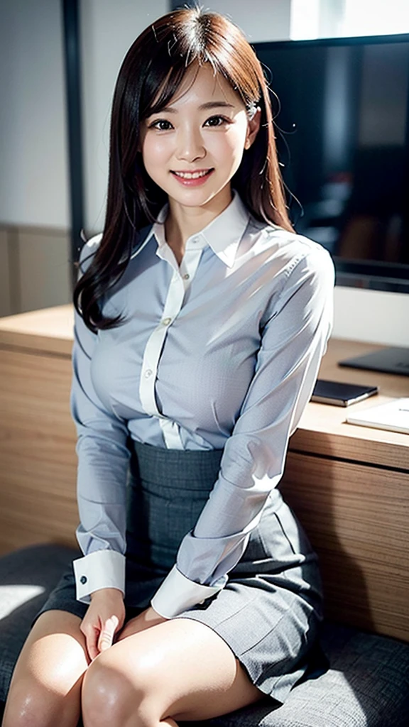 Japanese Beauty,Business service, Grey Skirt, Business Attire,  Work clothes, Work clothes, Catalogue photo, from me, Detailed Images, Business Attire装, Image Center, grey, white shirt and Grey Skirt, Wearing business casual dress,Her white panties are visible from under her skirt,laughing,Sitting,slim japanese woman,thin shirt,
