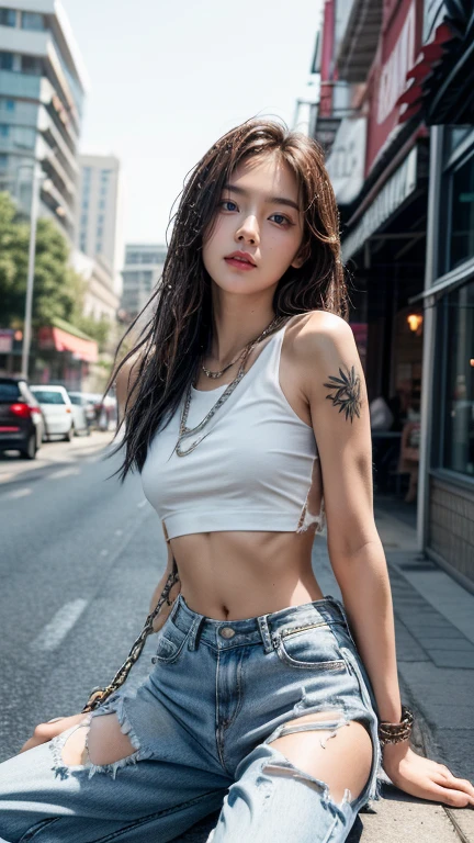8k, Masterpiece, best quality, realistic, detailsมาก, 1 half-Japanese age girl,19 years old,(sexy model),(Adult movie heroine,Show off the skin:1.3), healthy body,Have a six pack,Healthy body,The body has clearly defined muscles., realistic skin texture, big breasts, staring at the audience, (The crop top was torn and torn, exposing her breasts.:1.4),(Short t-shirt, Torn tank top, underboobs:1.4), (Torn transparent clothes,Like a rag revealing the insides:1.4), under , micro mini shorts, (The pants were torn open to the waist.),(Sexy ripped pants),(Pants button loose),(The zipper ripped open in the shape of a V, exposing her lower stomach and underwear.), (open pants),His shorts were torn, revealing skin., (Wear torn clothes.),(Torn clothing),นักกีฬาที่มีHealthy body, Have a six pack,There are muscles in every part., Tightening muscles, Thighs are strong and beautiful., details, Big hips, The legs are large with muscular grooves., Beautiful legs,muscular legs, You can see the veins on your arms and hands., The arms have beautiful muscular grooves.,(beautiful tattoo:1.4),( Torn clothes, Skimpy clothes: 1.3), (Torn shirt), restraint, ((Astride a steel bar)),(Completely bound by chains), restraint, slave, collar, insult,red lips,Biting your lip looks sexy,Thin mouth,The corners of the mouth are raised.,(dynamic gesture', (Chained), ((The chain dug into the crotch.)), His hands were tied behind his back., invisible hand, ((4 chains hanging from heaven)), Metal shackles and chains, (Wet with sweat:1.2), crotch clearly visible,movie light, Face focus, good eyes, ใบหน้าที่มีdetails, The face was bright..., during the day, Outdoor coffee shop in the background, low angle shot,photo from knee, View from below,Beautiful tattoos,small belly tattoo,thigh tattoo,upper arm tattoo