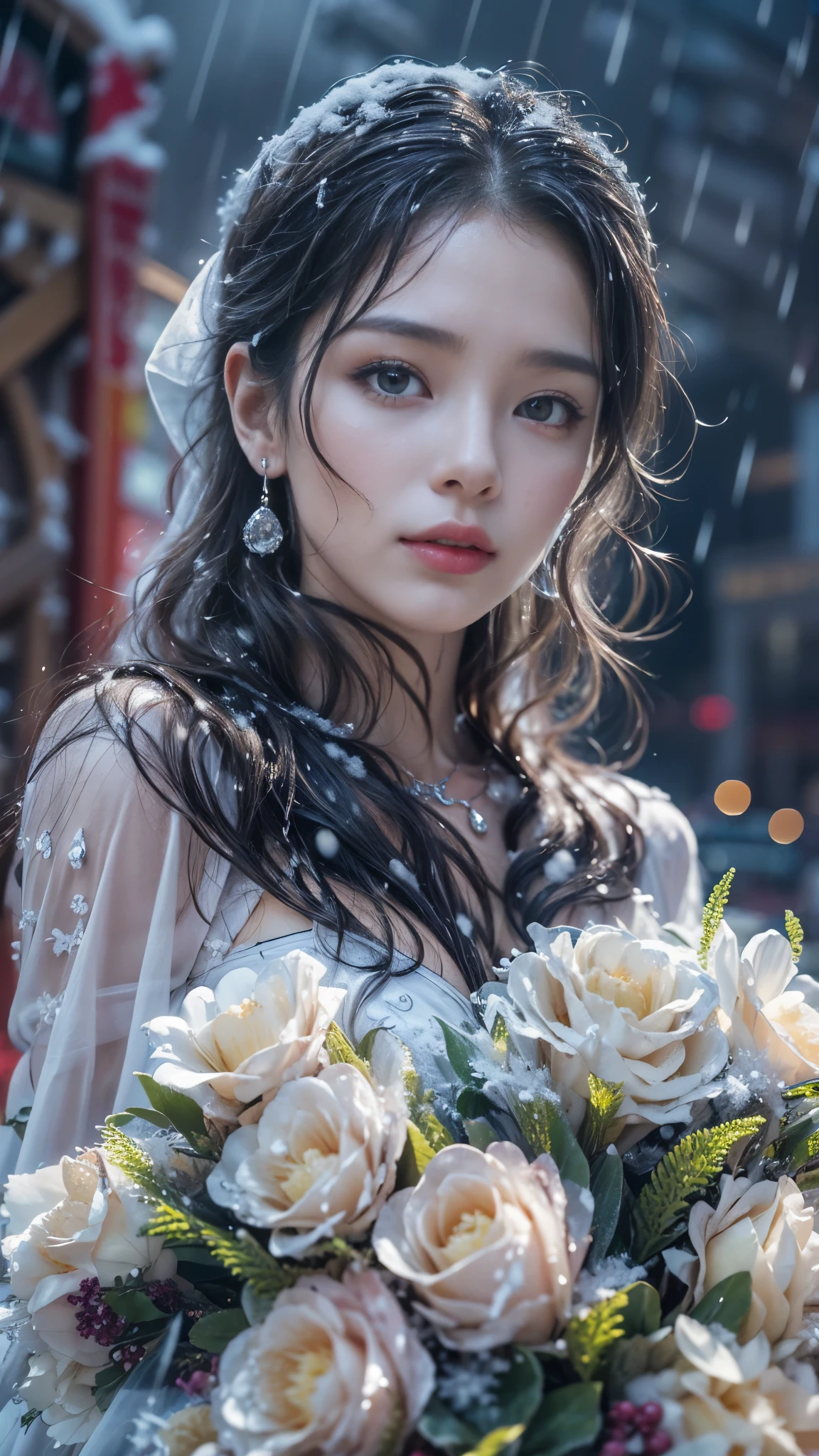 (Realistic:1.5, 8k, highest quality, masterpiece, Ultra-high resolution), (((heavy snow, From below))), Perfect dynamic composition:1.2, (Modern city at night, In front of the supermarket at night, Expressions of sadness:0.9, Low angle shooting:0.9), Highly detailed skin and facial textures:1.2, Young 女性 getting wet in the rain:1.3, Fair skin:1.2, Sexy beauty:1.1, Incredibly slim body:1.2, beautifully、aesthetic:1.1, Very beautiful face:1.2, Water droplets on the skin, (The rain drips down on my body:1.2, Wet body:1.2, Wet Hair:1.3), (Holding a wet shopping bag:1.2, Wet long skirt:1.2, Wearing wet casual clothes:1.3), (Shapely large breasts, Bra is sheer, Chest gap), (Big eyes that exude beautiful eroticism:0.8, Lips that exude beautiful eroticism:0.8), hat, necklace, Earrings, bracelet, wedding ring, Highly detailed and accurate hand and finger representation
