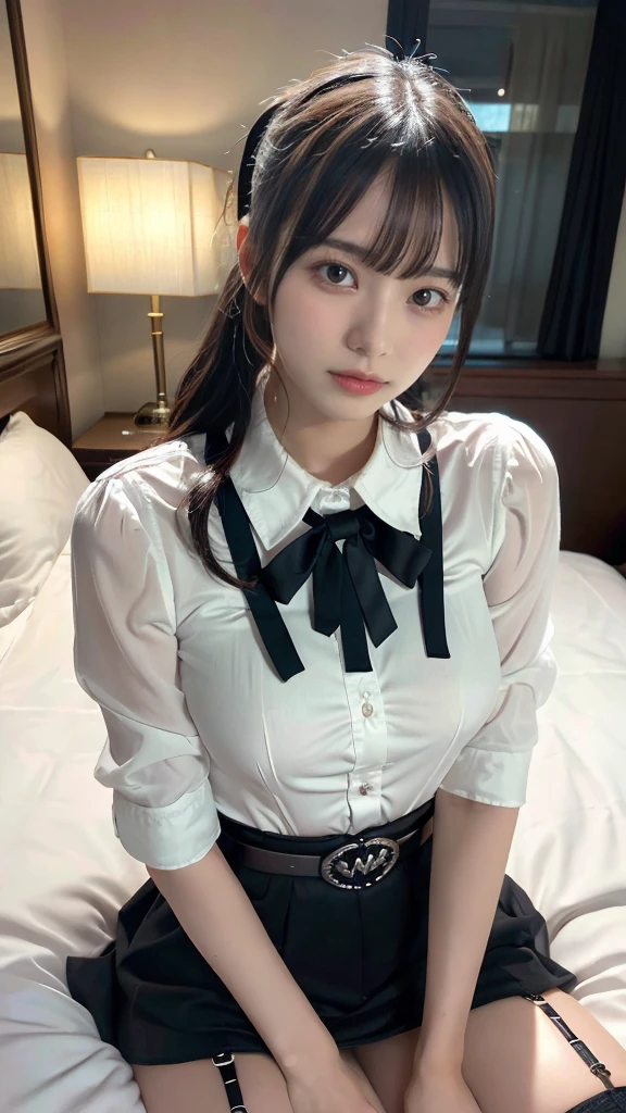 masuter piece、Sleep in a bed in a hotel suite、Delicate、Girls in Cyberpunk City、Petals flutter、Black skirt, 　suspenders, brown haired、grey  eyes, SF Boots、 Tight black clothes, small tits、white frilly blouse、Valley、holster、chain、poneyTail、Thin leg、A slender、Cute、A sexy、modeled、View the viewer from above、hair adornments、fantastical light