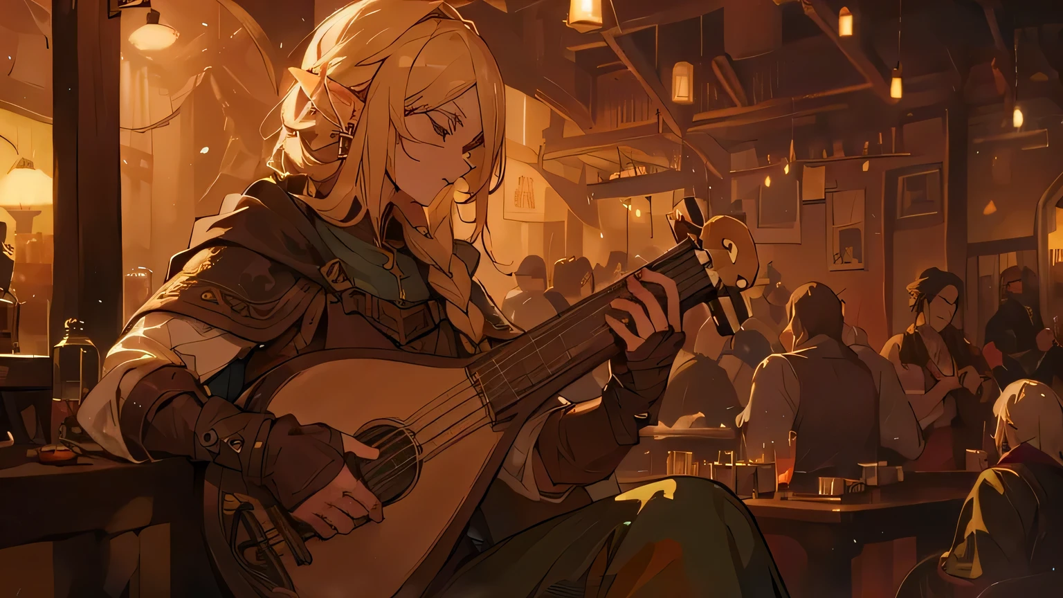 anime, Woman playing guitar in a pub, Sitting, forest elf bard playing lute, a human bard, is playing a lute, male bard, Tiefling Bard, Gweiz style artwork, world of lute, Boris Vallejo. octopath traveler, smirking male bard, Features, lute, Critical Role Caleb