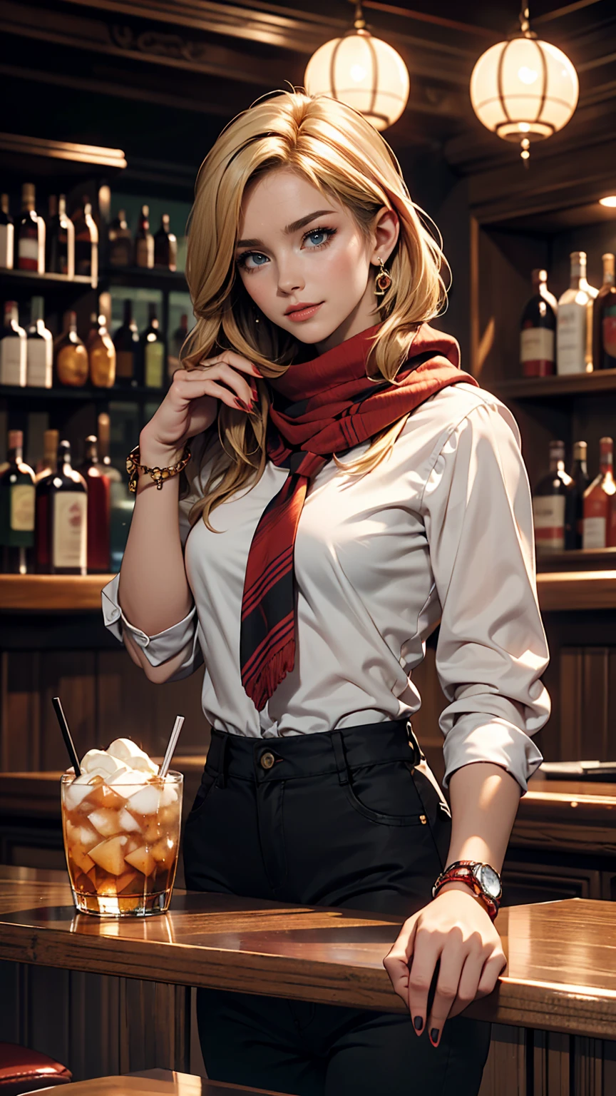 ((最high quality, 8K, masterpiece: 1.3, Ultra HD, high quality, 最high quality, High resolution, realism)) 、A 22-year-old extremely beautiful white woman、Hair color blonde、blue eyeedium Hair、Straight Hair、smile、Slender but well-proportioned body、Background blur((depth of field))、aerial perspective((atmospheric perspective))、I want my head to stay off screen、Wearing accessories on the wrist、Put an anklet on your ankle、Wearing red nail polish、I have a peticure、Scarf Tie Blouse((scarf tie brouse))Wear、Sabrina Pants((sabrina pants))Wear、ローヒールWear、Bar((bar))Enjoy a drink and eat food in a standing bar style.、Lean your elbows on the counter