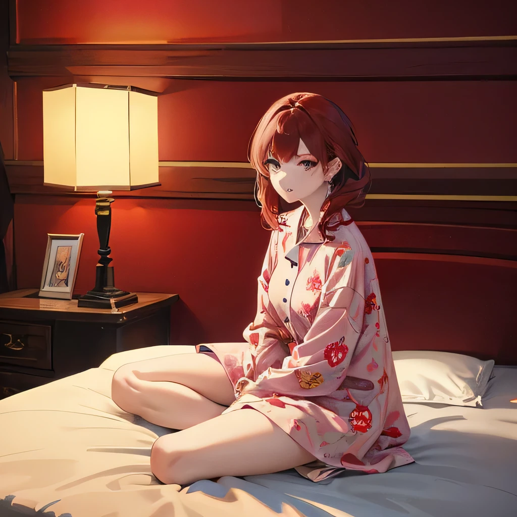 A woman sitting on the bed，Wearing pink floral pajamas, Red Head Girl, beautiful Red Head Woman, Red Head Woman, young Red Head Girl, Short bright red hair, Red Head Hair and Charming Face, Anna Nikonova aka Newmilki, Red Head Girl, Red hair, Beautiful woman, Pose on the bed, Red Head, With short red hair, posing in the room