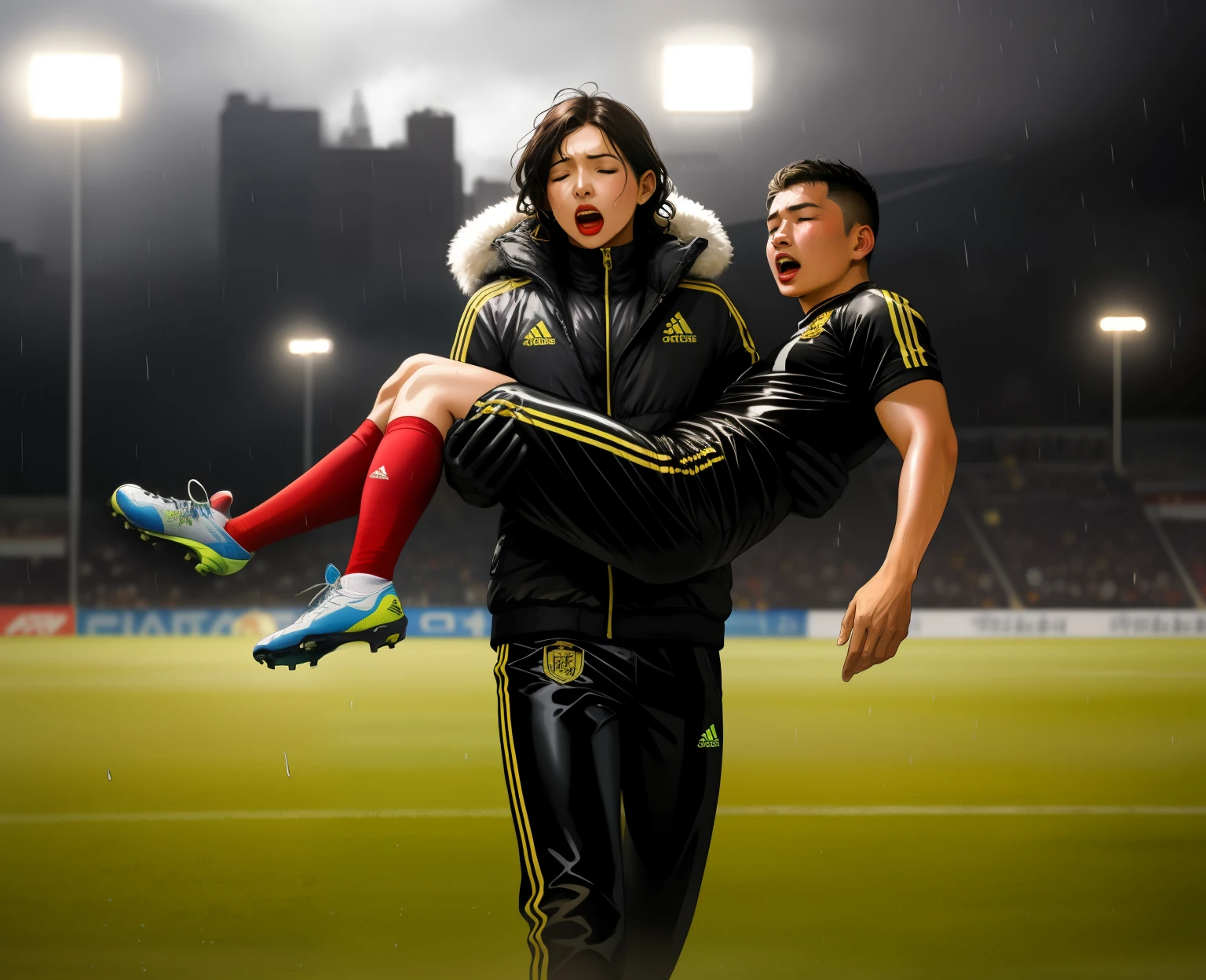 a shouting chinese womanl in a laquered and very shiny quilted coat carries a man, a chinese woman carries a male soccer player, a chinese woman carries a male soccer player in her arms, rainy weather, rainfall, humid, girl carries guy, lift and carry, an excessively madeup chinese woman in a high-shine wet black latex downcoat, a soccer scene, very matte cotton soccer sportswear on a well shaped male body, a soccer injury, first aid carry at a soccer match, a young madeup latino-girl in a shiny black vinyl downjacket, a madeup latino-girl in a shiny plastic-downcoat, a very sad and desperately crying latino-girl, an intensely madeup latino-girl in a glossy black vinyl-downcoat, latino-girl with lipstick, latino-girl with smoky eyes, dramatic action pose, woman that is carrying a skinny shorthaired man, there is a beautiful woman in a shiny coat who is carrying a shorthaired blond man in her arms, a longhaired beautiful woman in a high-shine black puffy coat, a longhaired woman in a shiny downcoat, a woman is carrying a shorthaired man who is wearing black shorts, a weak shorthaired man in black shorts is consciousless and needs to be carried, a shorthaired man with closed eyes is carried in the arms of a longhaired latino-woman, a latino-woman looks very scared and terrified, a consciousless shorthaired man with closed eyes is suffering very much and has a very painful face, photo, photo shoot, photographed, arafed man being carried by a woman, very realistic, very very realistic, hyper-realistic, hyper - realistic, hyper realistic, jacket over bare torso, very disturbing, very hyperrealistic, super realistic, hyperrealistic!, extremely realistic, very very very realistic, super-realistic realistic, super-realistictic!, extremely realistic, very very very realistic, super-realistic realistic, super-realistic