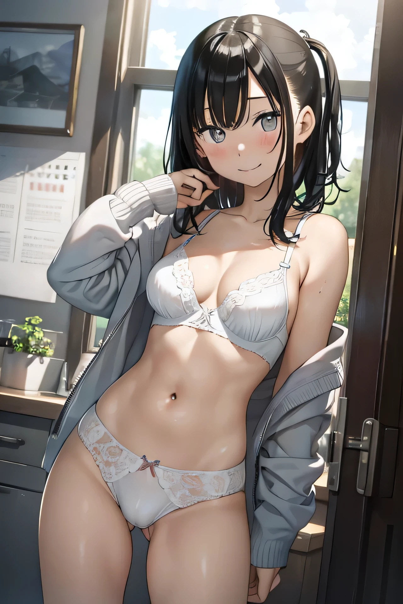 In 8K, highest quality, The real picture, Intricate details, Ultra-detailed, Super A High Resolution, Depth Field,(Photorealistic,Realistic:1.2),masterpiece, 0.25 :: , 、Girl、、、Black Hair、medium hair、In underwear、white panties、White bra、Standing posture、smile、classroom、from front,cameltoe,cowboy shot