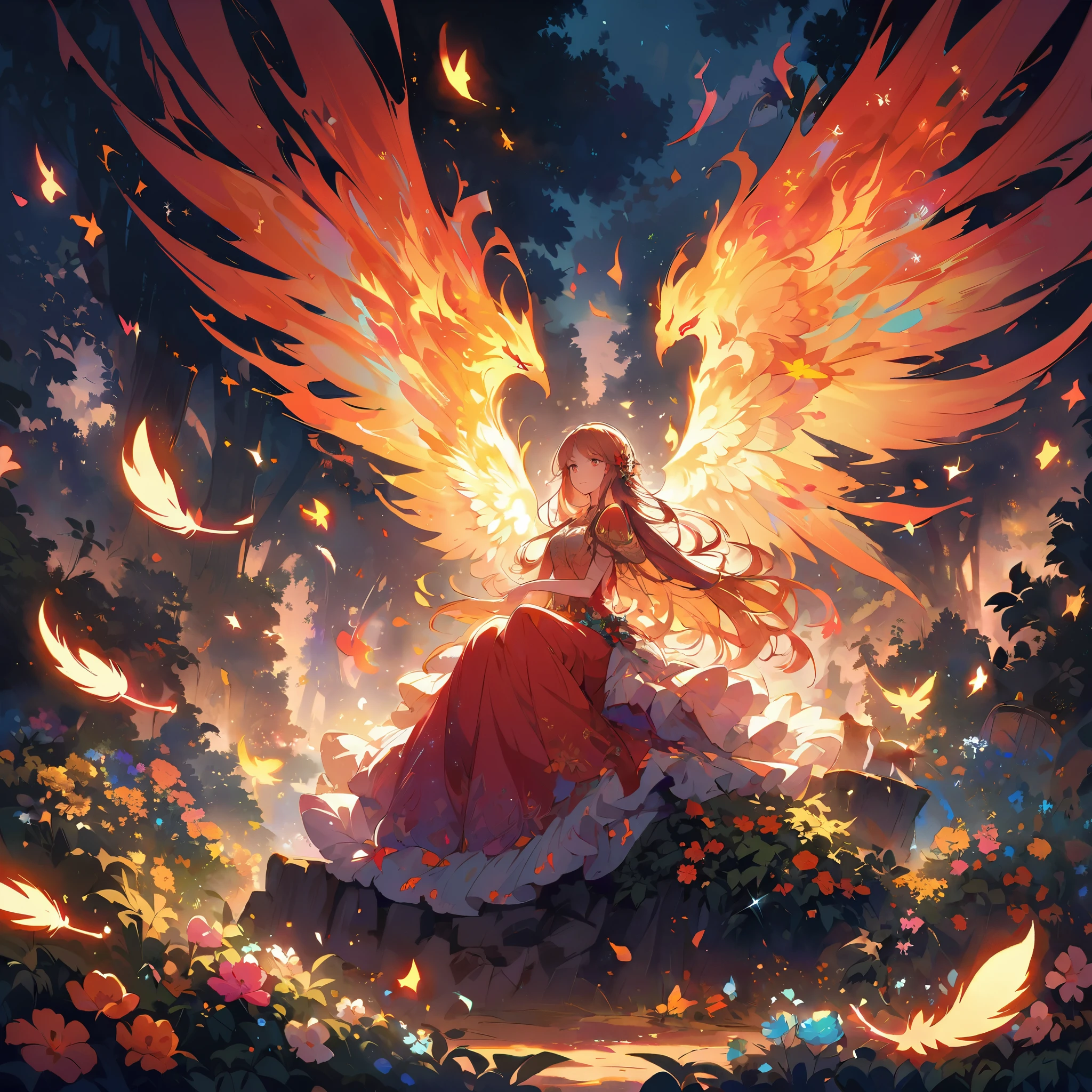 the middle of a serene night, A beautiful fire phoenix stands on the campfire, flaming wings with intricate details and vibrant colors, feathers softly glowing with warm hues, eyes glowing with intense light, feathers softly glowing with warm hues, wings spreading wide in mid-flight, radiating fiery energy, surrounded by a peaceful garden with lush greenery and blooming flowers, illuminated by the soft glow of moonlight casting gentle shadows, creating a magical and ethereal ambiance