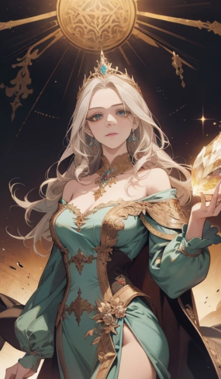 fantasia, 19th-century, empress, mulher, rosto delicado, cabelo loiro claro, olhos azuis, em um vestido real branco com ombros abertos, gold patterns on fabric, crystal jewelry, com uma fita escarlate no ombro com os trajes do monarca, Gothic castle made of white stone in the background, luz, dia, High definition