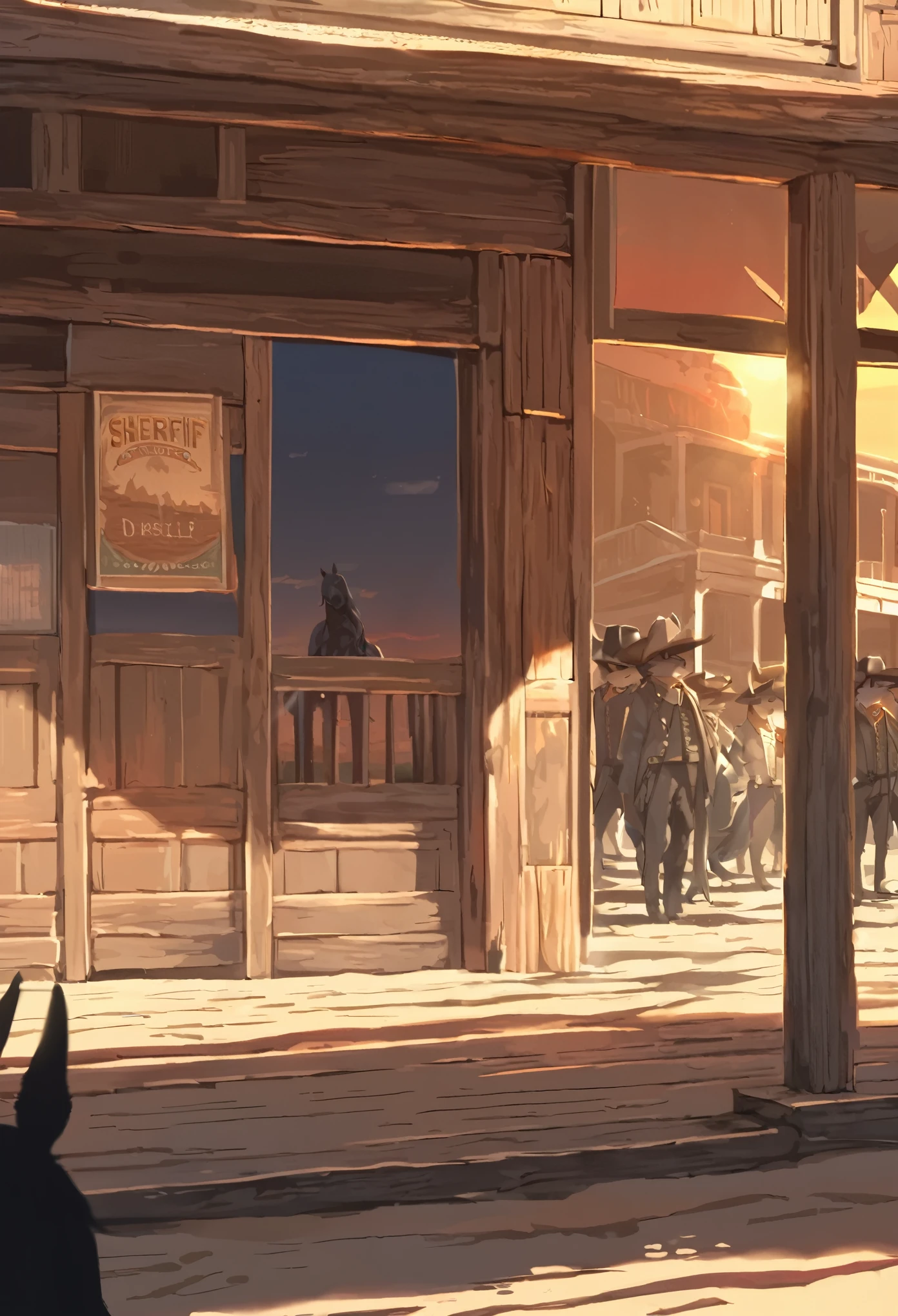top quality, best quality, High-quality illustrations, masterpiece, super high resolution, detailed background, The desolate and rugged desert landscape at sunset, with the sky turning shades of red and the dry earth stretching into the distance, Cowboys racing across the prairie, stirring up dust as the sound of horse hooves echoes through the air, A lone sheriff standing at the entrance of a saloon, with a wooden sign swaying gently behind him, A gunslinger suddenly emerging from the shadows, his sharp gaze and the silence creating a tense atmosphere, 6+boys, 6+girls, absurdres(highly detailed beautiful face and eyes)perfect anatomy, expression, good lighting, cinematic shadow(kemono, furry anthro)assorted poses, dynamic angle,