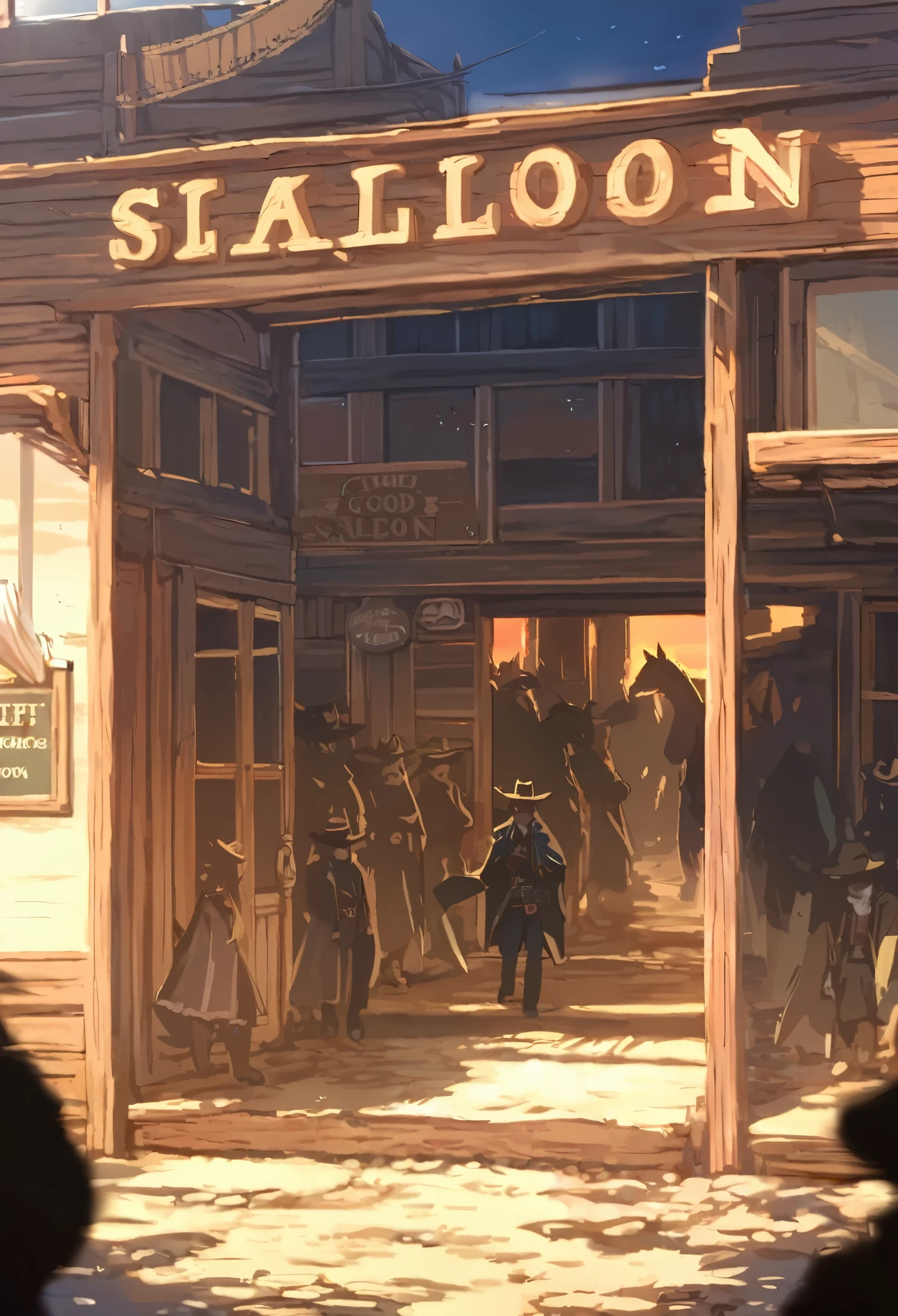 top quality, best quality, High-quality illustrations, masterpiece, super high resolution, detailed background, The desolate and rugged desert landscape at sunset, with the sky turning shades of red and the dry earth stretching into the distance, Cowboys racing across the prairie, stirring up dust as the sound of horse hooves echoes through the air, A lone sheriff standing at the entrance of a saloon, with a wooden sign swaying gently behind him, A gunslinger suddenly emerging from the shadows, his sharp gaze and the silence creating a tense atmosphere, 6+boys, 6+girls, absurdres(highly detailed beautiful face and eyes)perfect anatomy, expression, good lighting, cinematic shadow(kemono, furry anthro)assorted poses, dynamic angle,