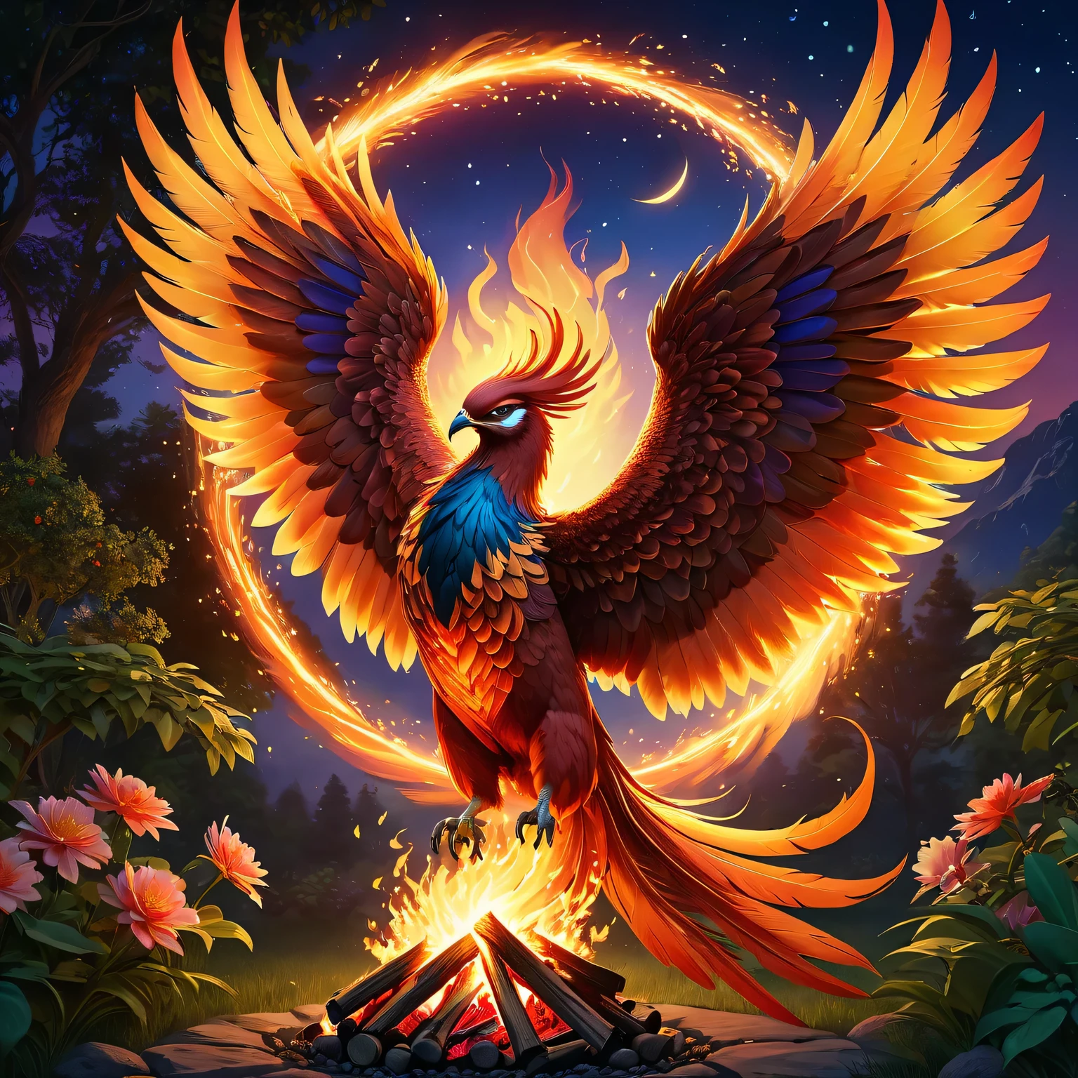 best quality,4k,highres,masterpiece:1.2,ultra-detailed,realistic,photorealistic:1.37,the middle of a serene night, A beautiful fire phoenix stands on the campfire, flaming wings with intricate details and vibrant colors, feathers softly glowing with warm hues, eyes glowing with intense light, feathers softly glowing with warm hues, wings spreading wide in mid-flight, radiating fiery energy, surrounded by a peaceful garden with lush greenery and blooming flowers, illuminated by the soft glow of moonlight casting gentle shadows, creating a magical and ethereal ambiance