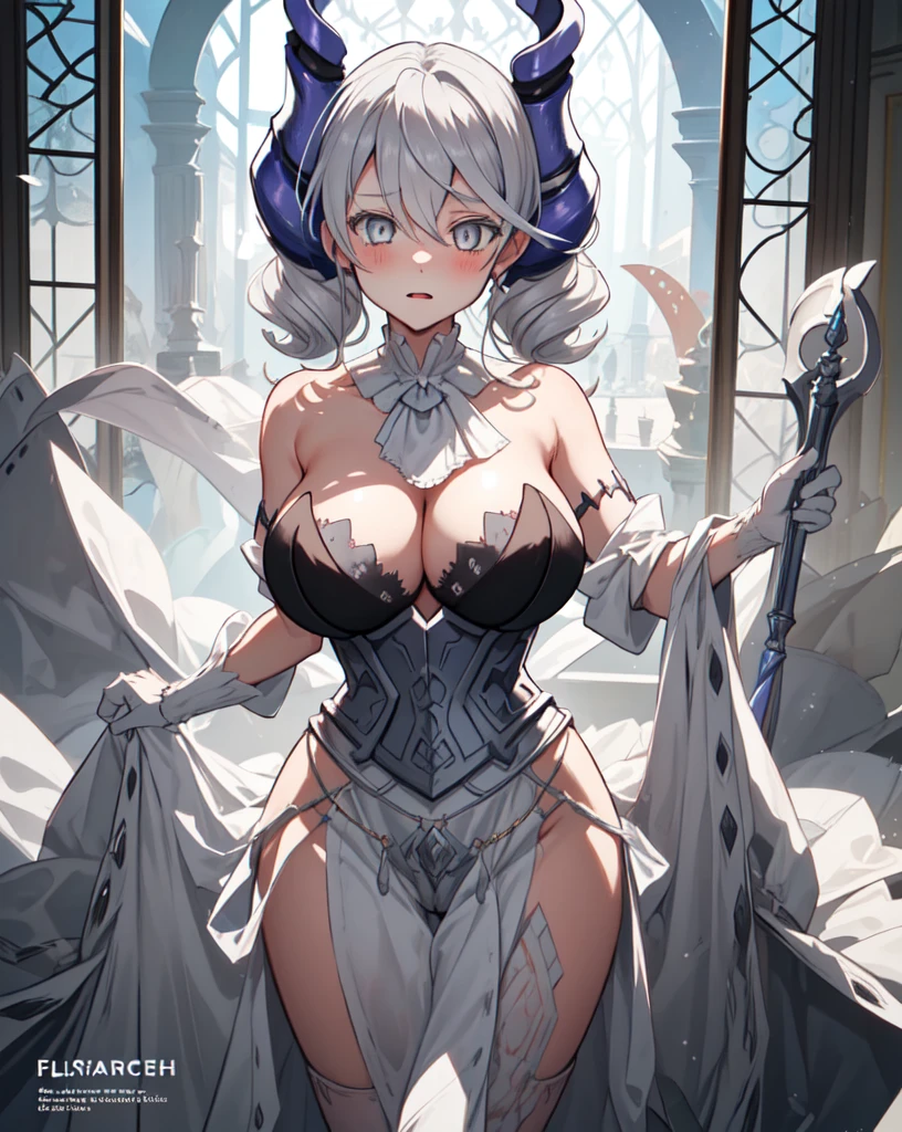 One girl, labrynth, Silver Hair, Grey Eyes, big breasts, horn, Cleavage, silver castle, Exquisite, blush, Nervous,Cowboy Shot, ,High quality generation of dark female characters, Unreasonable,Her figure is terribly beautiful, Emphasizing the dark and crazy elements. Skillfully expressing the effects of light and shadow, detailed, The face and expression of the black costume are also carefully drawn.., Artistic elements add depth to the work, With a unique artistic touch. This film is visually stimulating and aesthetically pleasing.