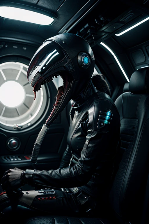 xenomorfo de metal en nave espacial cyberpunk
