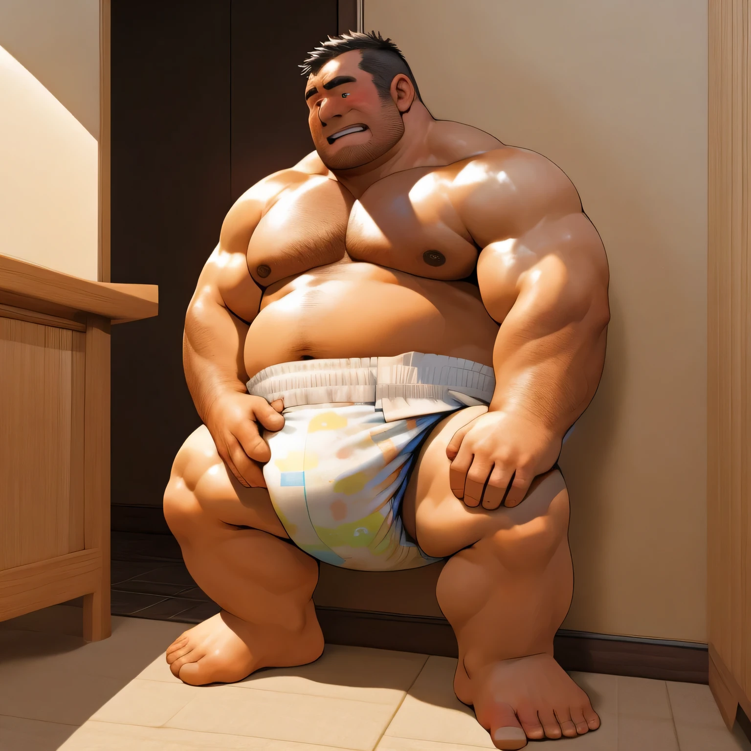 masterpiece, Top quality, in 32K, perfect anatomy, hyper detailed, super fine illustration, The thick man is a brutal prisoner, retarded, hairy, human, 50yo in japan, (fatness: 1.0), Fatty muscle, Bowleg, disappointment, incontinent, be diaper check by children, There is a small puddle under him, Naked, short legs, Bowleg, spread legs, wear a White cloth Diaper, Bare belly, Bare legs, Bare foots, Bare soles, Shirtless, wide forehead and short thinning hair, Man with round  face with stubble, Bare foots, Bare soles, shy, sissy, Weaker than children, Drool, Round face, He enters  and is despised by children, He is made to stand attention in the corner of the playroom, corner time, He surrounded by children, Bare foots, big butt, White Diaper, sobbing, There is a small puddle under him