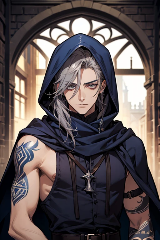 male, medium long navy silky hair, blue-grey eyes, beautiful face, handsome, tattoos, hooded scarf, rogue mage, medieval fantasy