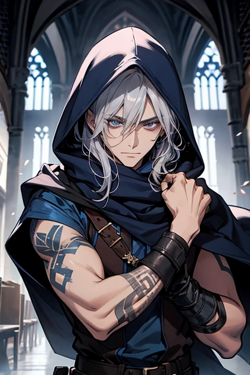 male, medium long navy silky hair, blue-grey eyes, beautiful face, handsome, tattoos, hooded scarf, rogue mage, medieval fantasy