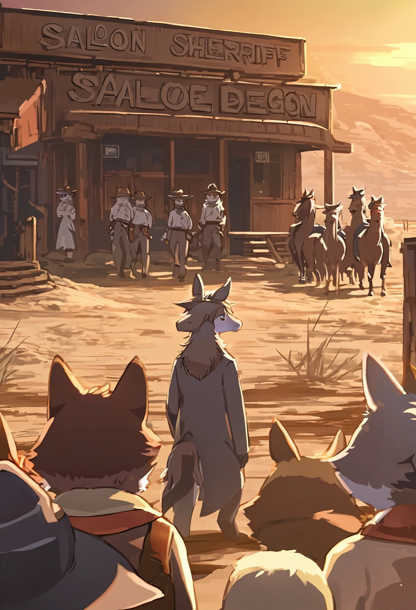 top quality, best quality, High-quality illustrations, masterpiece, super high resolution, detailed background, The desolate and rugged desert landscape at sunset, with the sky turning shades of red and the dry earth stretching into the distance, Cowboys racing across the prairie, stirring up dust as the sound of horse hooves echoes through the air, A lone sheriff standing at the entrance of a saloon, with a wooden sign swaying gently behind him, A gunslinger suddenly emerging from the shadows, his sharp gaze and the silence creating a tense atmosphere, 6+boys, 6+girls, absurdres(highly detailed beautiful face and eyes)perfect anatomy, expression, good lighting, cinematic shadow(kemono, furry anthro)assorted poses, dynamic angle,