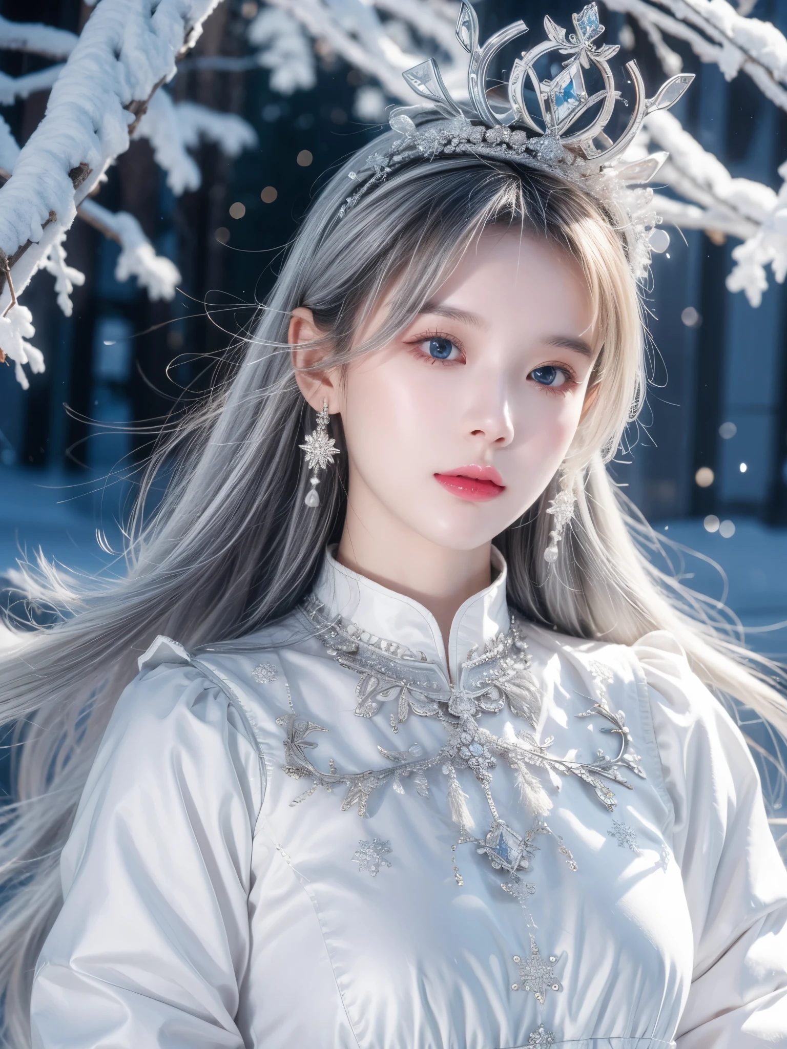 Best texture, high quality, Ultra HD, 8k, Full body image, Panorama, snow, flying snowflakes, dancing in the snow, girl, Full of Miao silver ornaments, Miao clothing, Silver Phoenix Crown, Oval face, Ultra-fine face, blue eyes, Long eyebrows, White skin, Silver long hair, Long flowing hair, Rise with the wind, snowflake colorful gifts, Practical, Very detailed, High Detail, Ultra-clear,