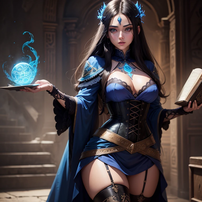 A beautiful sorceress girl, long, dark hair, with blue luminous eyes, in organza witch clothes of complex design, with a wide corset belt, lace-up, outfit embroidered with hieroglyphs, hieroglyphic patterns on her face, stands next to a book with spells bioluminescent rasengan, high resolution, high detail, hyperdetalization, bright lighting, realistic, colorful brushstrokes, acrylic, ink.