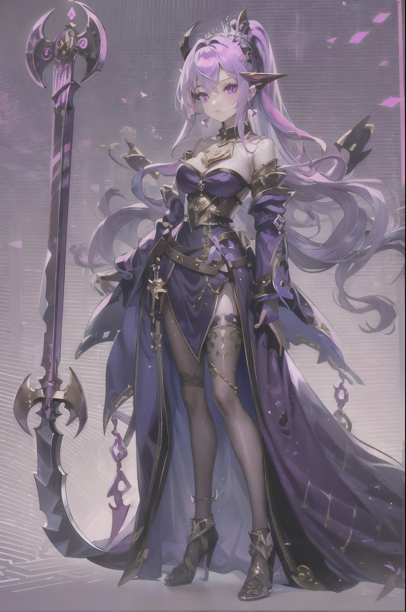 anime style, full body, female elf knight, full armor, (purple background)(purple theme)