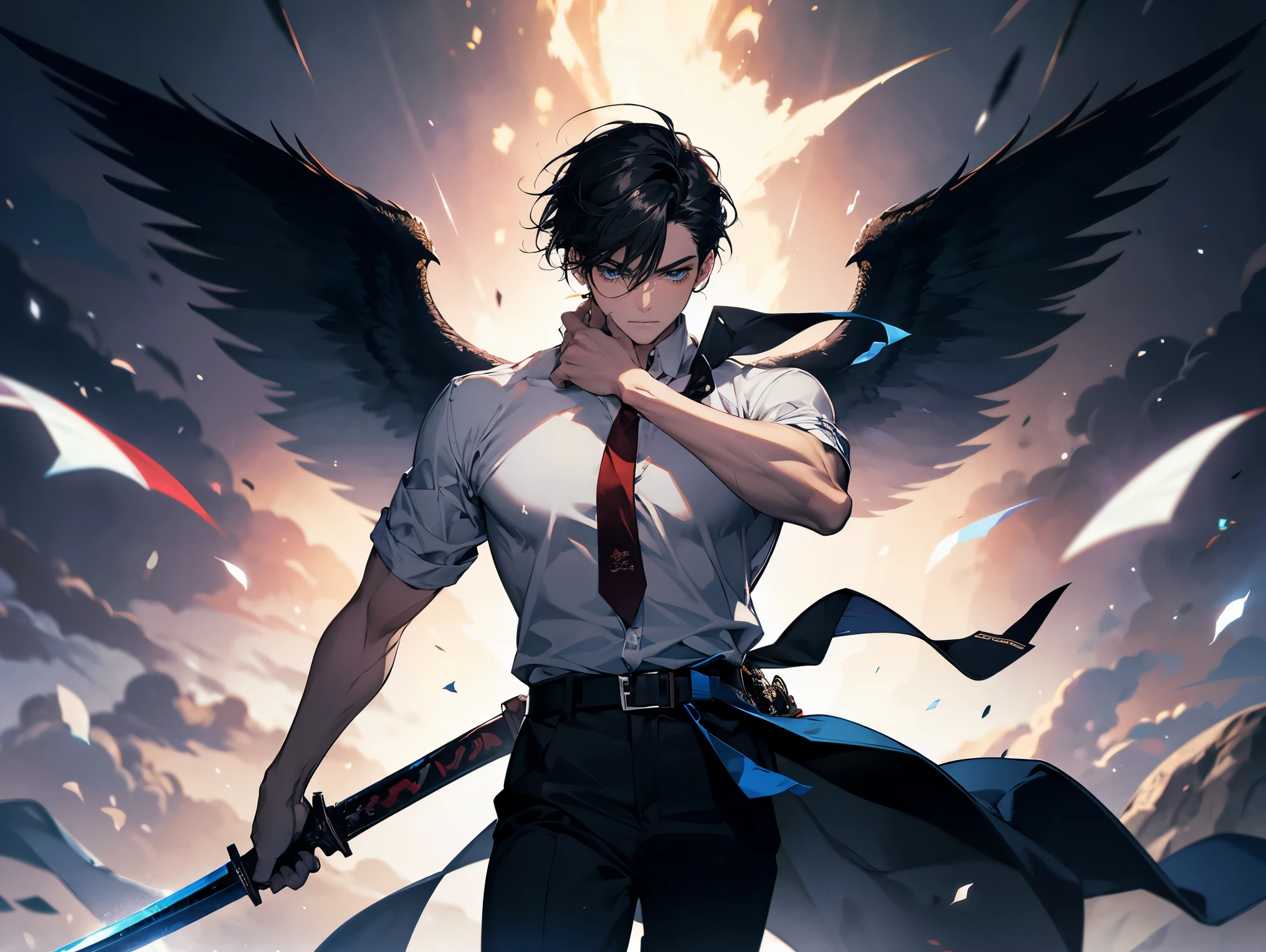 1 male,, 26 year old, masculine, short black hair, Attractive, red tie, White shirt, Rolled up sleeves, Black belt, Black pants, Beautiful blue eyes、beautiful hair、no expression, holding a sky blue sword, black hilt, Trending on ArtStation, 8K resolution, Highly detailed, Anatomically correct, Sharp Image, Digital Painting, Concept art, of the highest quality、galaxy background, flying pages forming wings