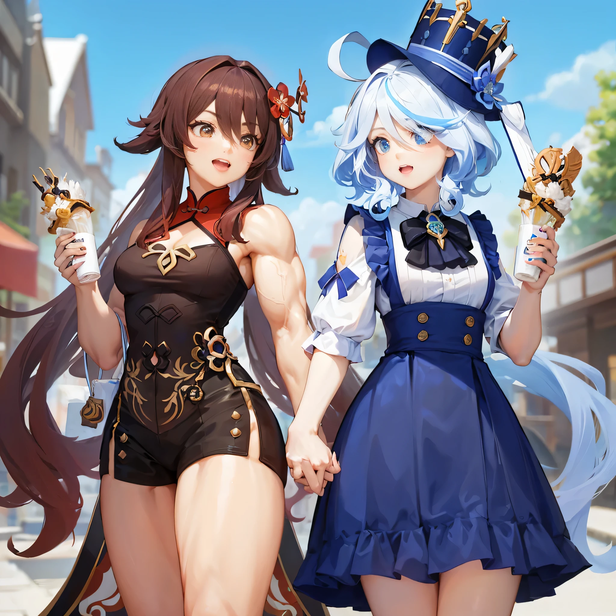 2girls,muscular female,shopping, furina hu tao (genshin impact),dress, alternate muscle size, biceps,best quality,muscular,happy,