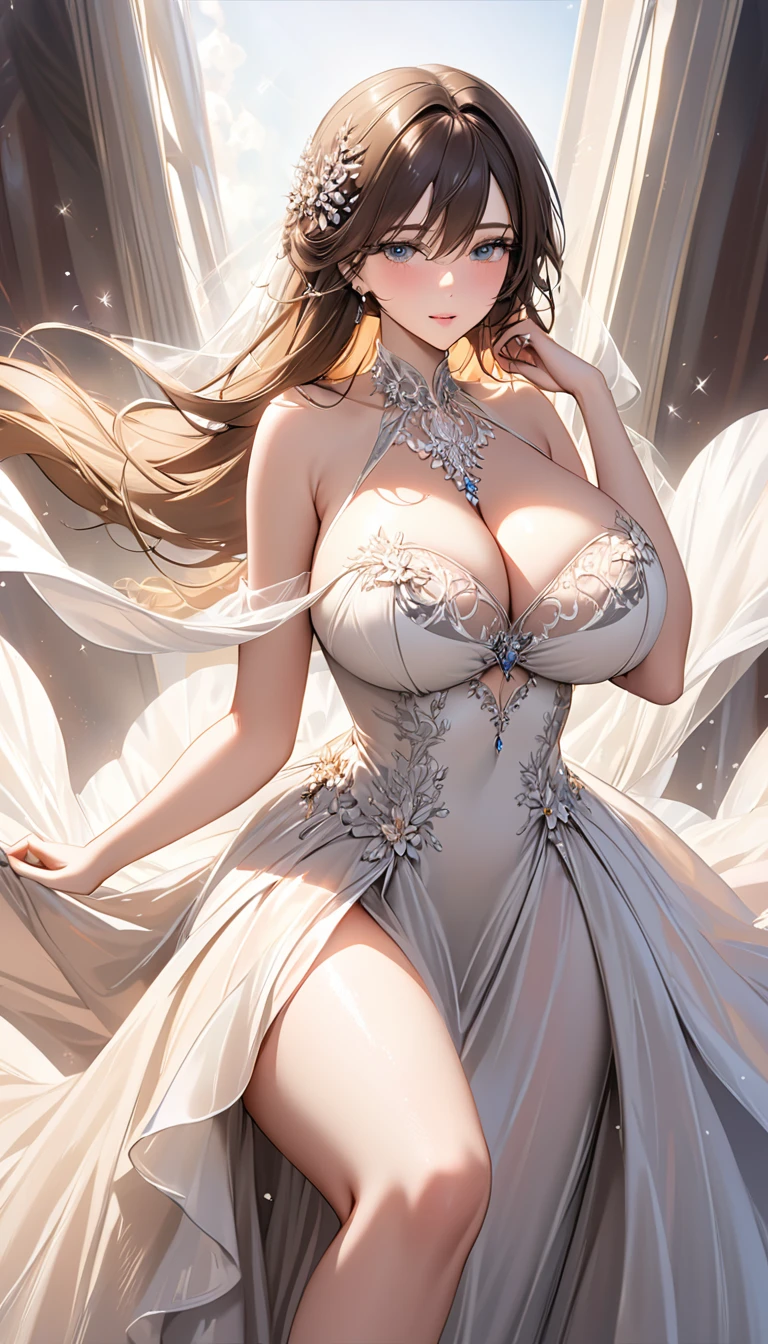 masterpiece:1.4,best-quality,Super Detail,Very Delicate and Beautiful, 29 years old beautiful woman, very gigantic breasts, very slender, dark beige ball gown