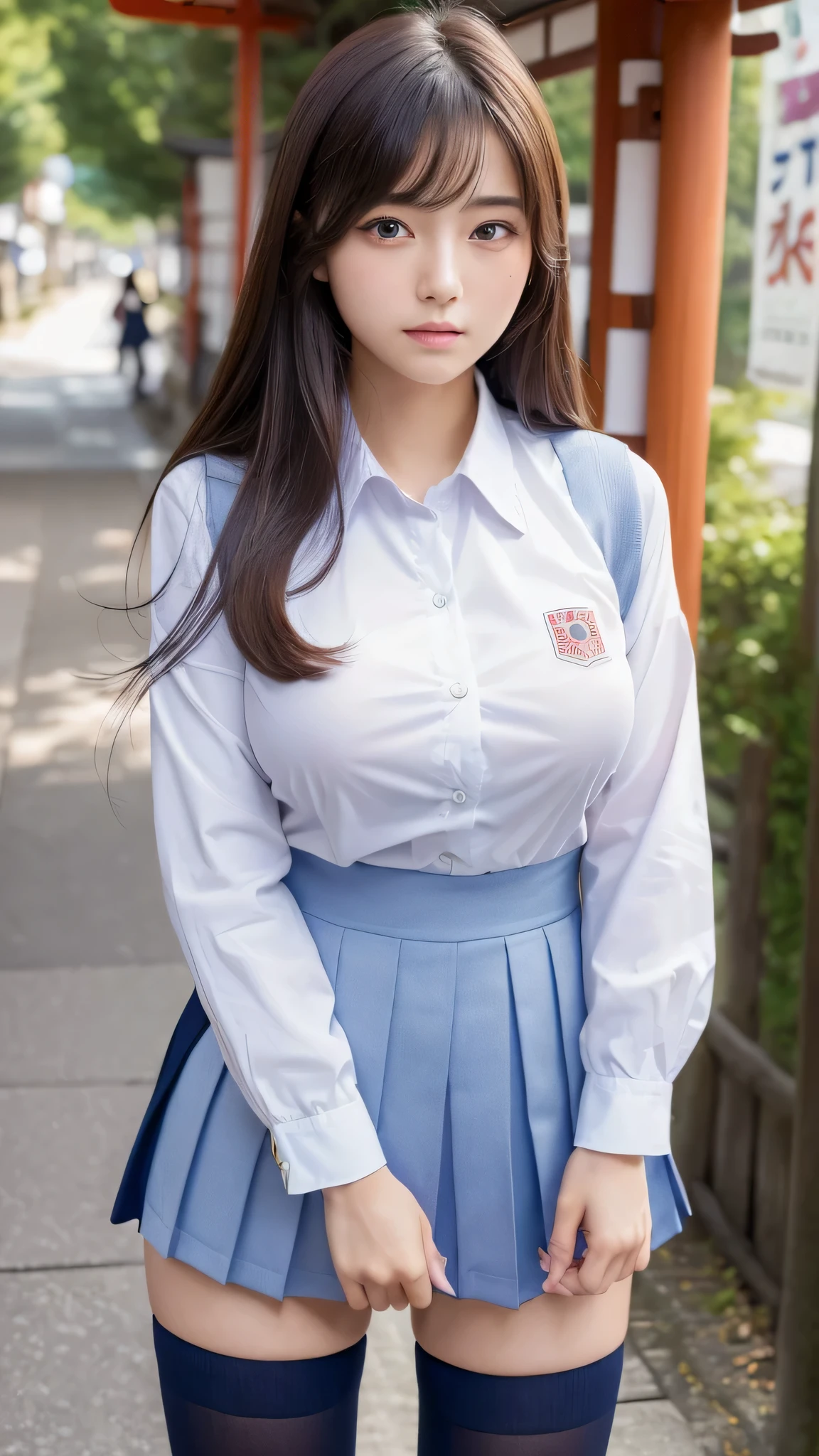 (((masterpiece))),(((High resolution)))、(((8K)))、(((perfect face)))、(((beauty of japan)))、20 years old、(((beautiful face))), (((school uniform))), embarrassed look, look at the camera, ((thighs))、top quality eyes, detailed texture, look at the camera, (plump), (plump thighs), (big tits)
