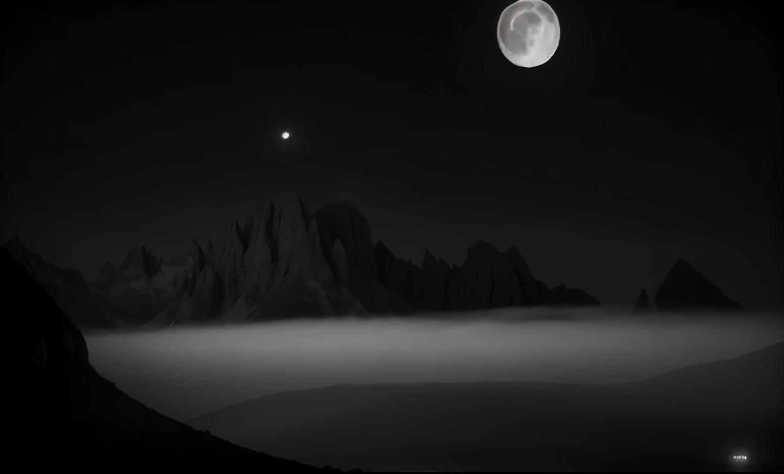 Photography,A black and white photo of mountains with a full moon, Lipoti, ryan dyar, author:Francesco Rebolini, by Luca Zontini, author:Cedric Peravene, Mark Adams, wayne barlowe pierre pellegrini, Nicolas Delort, lunar surface, Moon Landscape, 40 thousand, 40,000, night