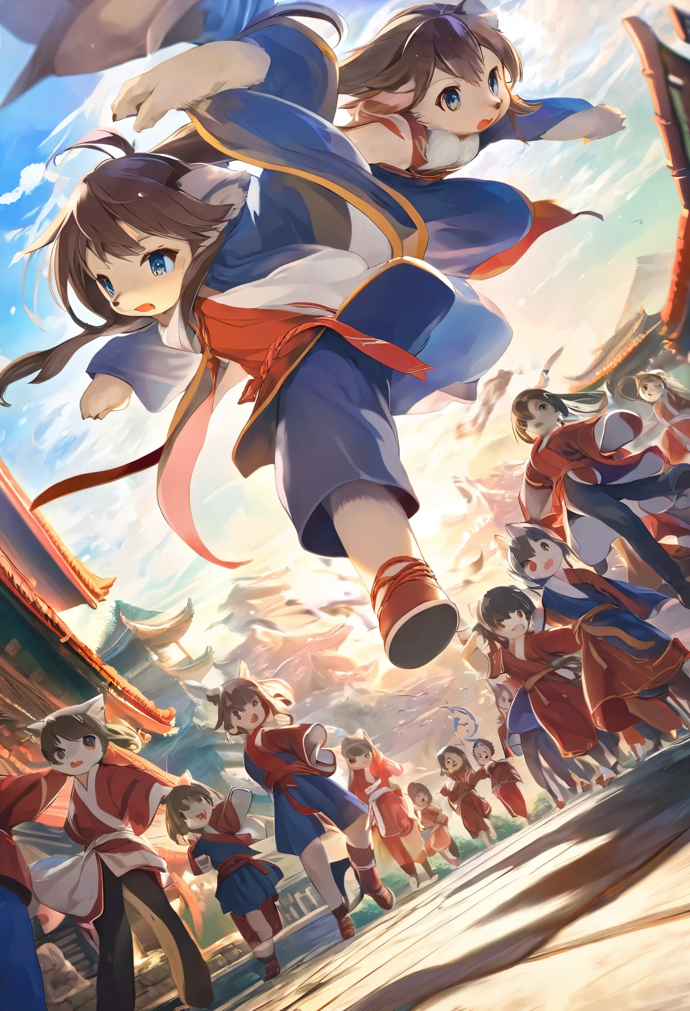 dynamic angle, top quality, best quality, High-quality illustrations, masterpiece, super high resolution, detailed background, detailed background, kung fu film, action, group shot:0.1, 6+boys, 6+girls, absurdres(highly detailed beautiful face and eyes)perfect anatomy, expression, good lighting, cinematic shadow(kemono, furry anthro),