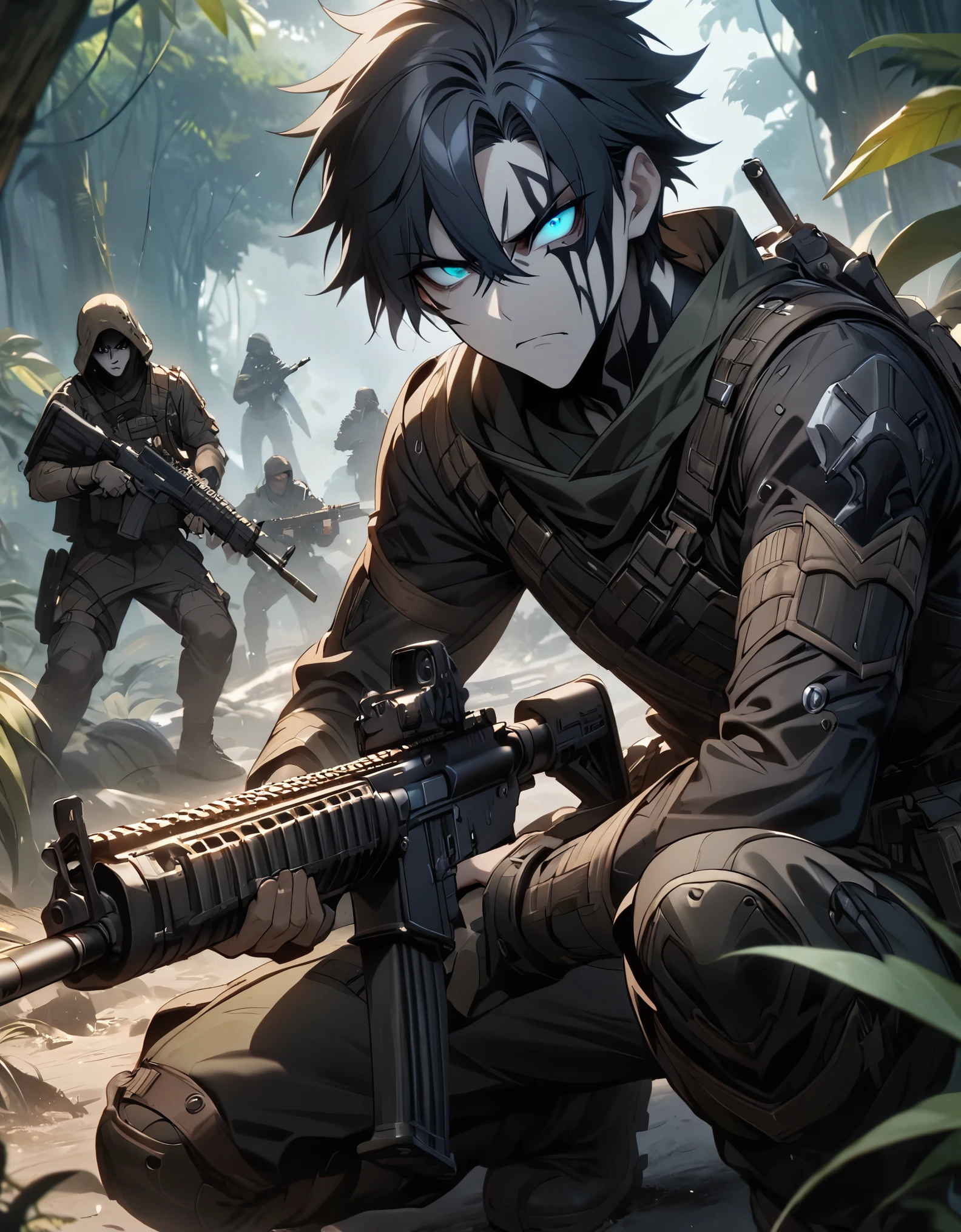 masterpiece, best quality, 1boy, male focus, solo, solo focus, black hair, aquamarine eyes, monkey human hybrid, mercenary, (holding an assault rifle), crouching position, jungle backdrop, war zone, serious, grim face, danger atmosphere.