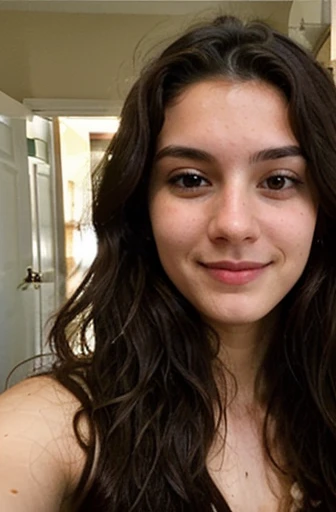 a selfie of a 24 year old woman, long wavy, dark brown hair, taken with an iPhone camera