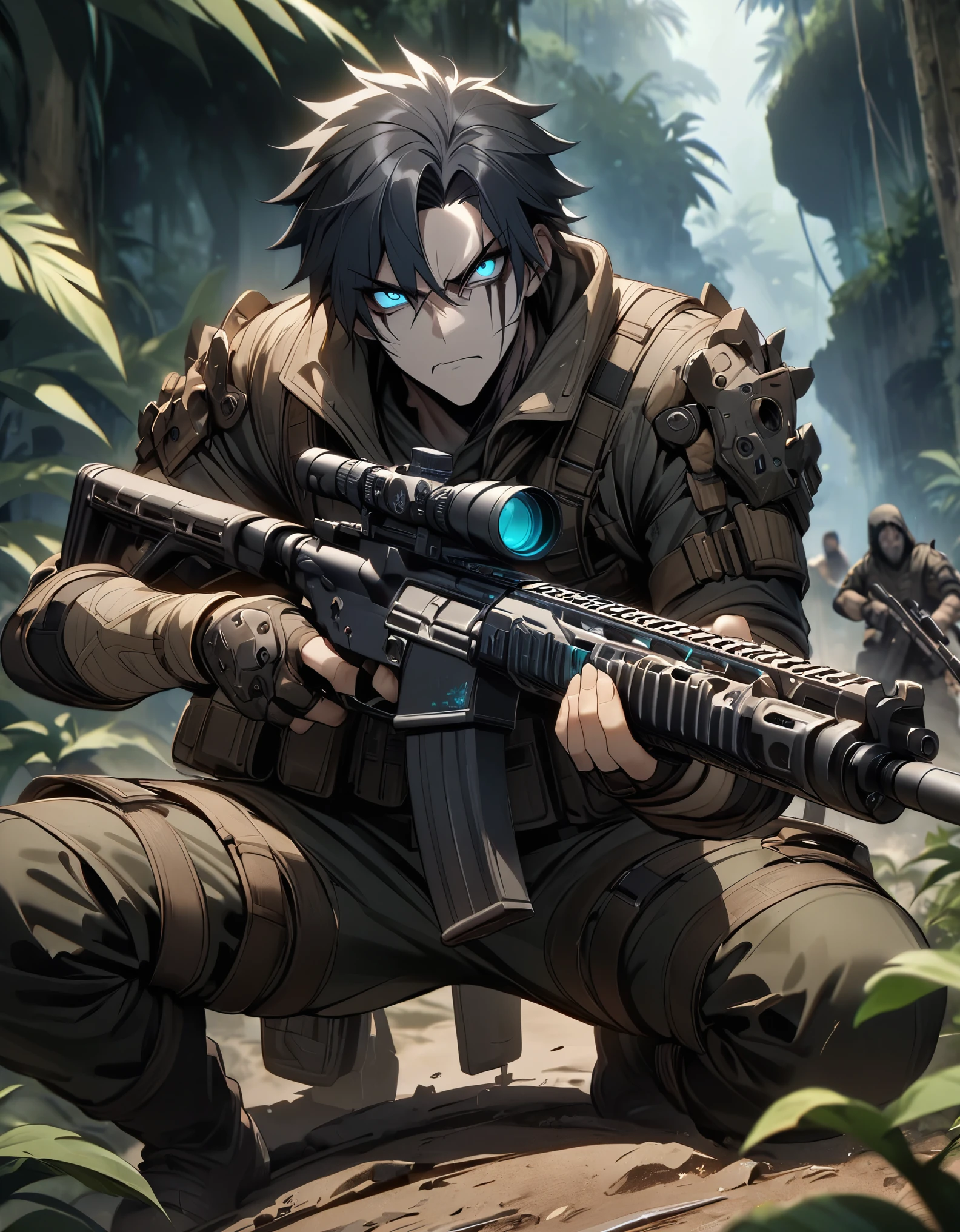 masterpiece, best quality, 1boy, male focus, solo, solo focus, black hair, aquamarine eyes, monkey human hybrid, mercenary, (holding an assault rifle), crouching position, jungle backdrop, war zone, serious, grim face, danger atmosphere.