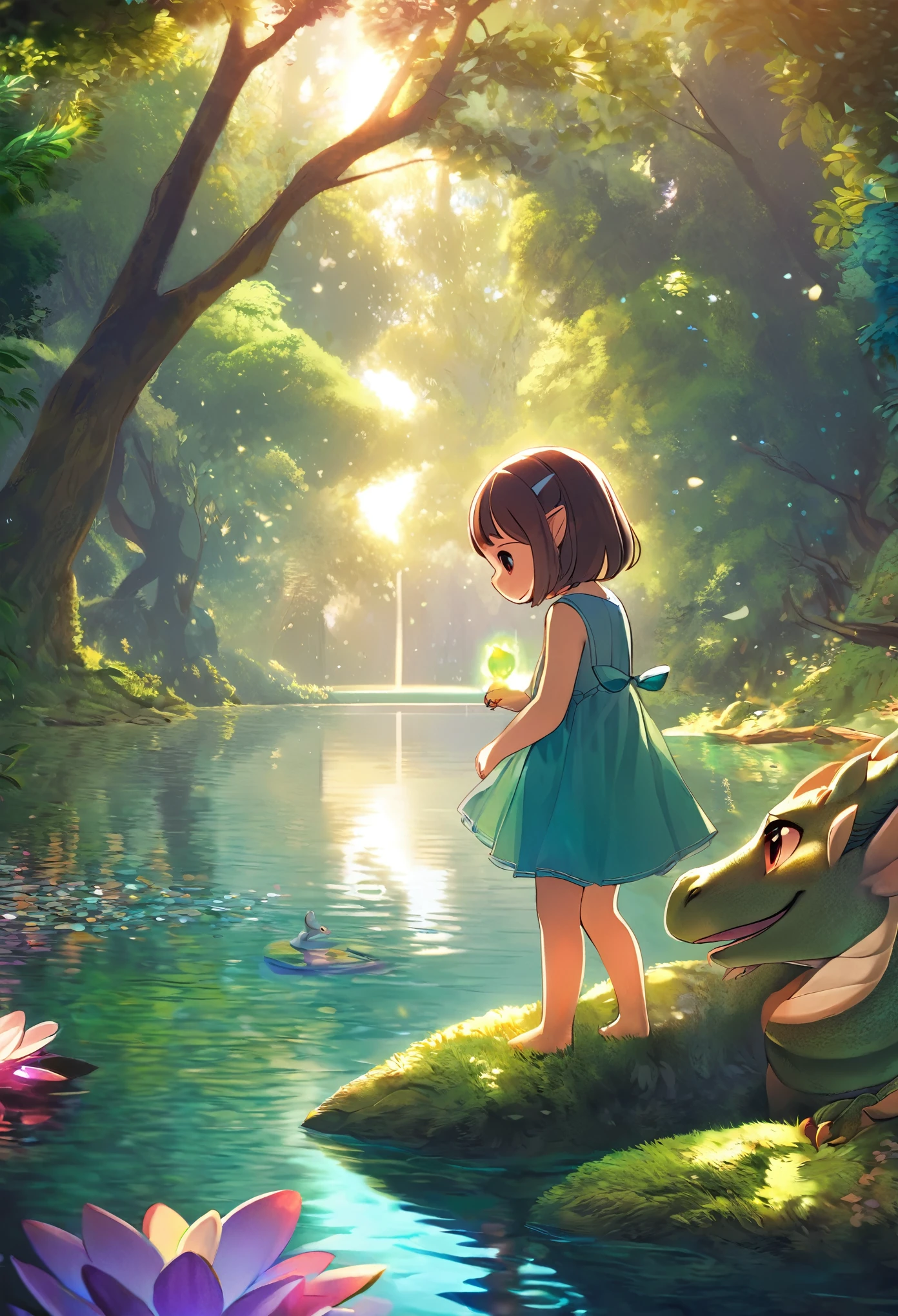 cover page, anime key visual, highres, top quality, best quality, paid reward available, High-quality illustrations, unparalleled masterpiece, perfect artwork, absurdres, Gentle scene, animated style, young girl, tenderly petting, head, body, newly hatched, dragon, lush forest, dense, lake, enchantment, magic, strong bond, friendship, rich colors, vibrant, magical environment, forest, lake, soft lighting, dappled, dreamlike, peaceful atmosphere, cinematic lighting,