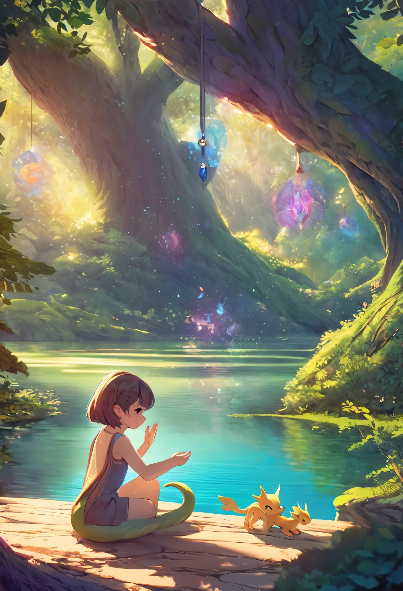 cover page, anime key visual, highres, top quality, best quality, paid reward available, High-quality illustrations, unparalleled masterpiece, perfect artwork, absurdres, Gentle scene, animated style, young girl, tenderly petting, head, body, newly hatched, baby dragon, lush forest, dense, lake, enchantment, magic, strong bond, friendship, rich colors, vibrant, magical environment, forest, lake, soft lighting, dappled, dreamlike, peaceful atmosphere, cinematic lighting,