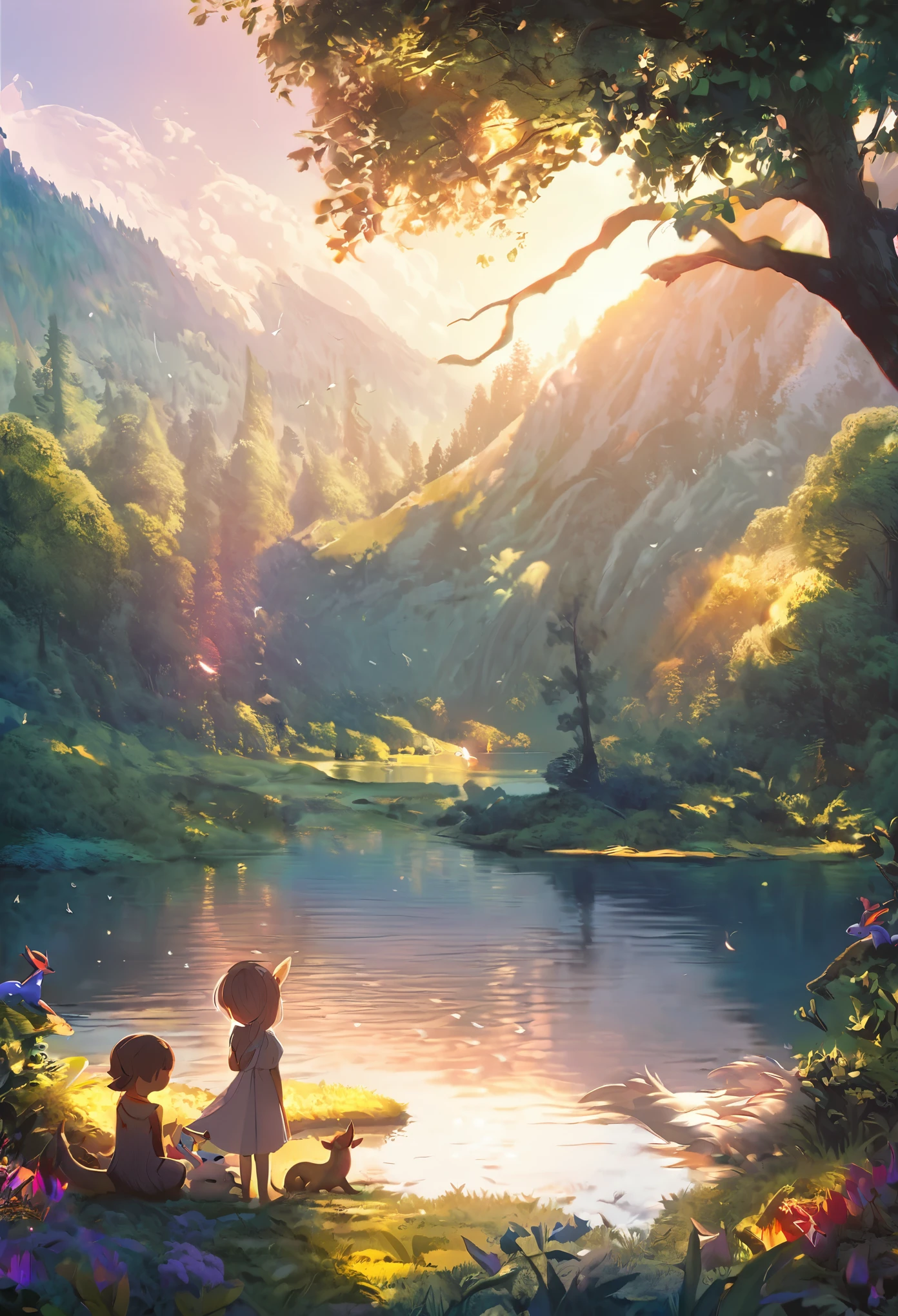 cover page, anime key visual, highres, top quality, best quality, paid reward available, High-quality illustrations, unparalleled masterpiece, perfect artwork, absurdres, Gentle scene, animated style, young girl, tenderly petting, head, body, newly hatched, baby dragon, lush forest, dense, lake, enchantment, magic, strong bond, friendship, rich colors, vibrant, magical environment, forest, lake, soft lighting, dappled, dreamlike, peaceful atmosphere, cinematic lighting,