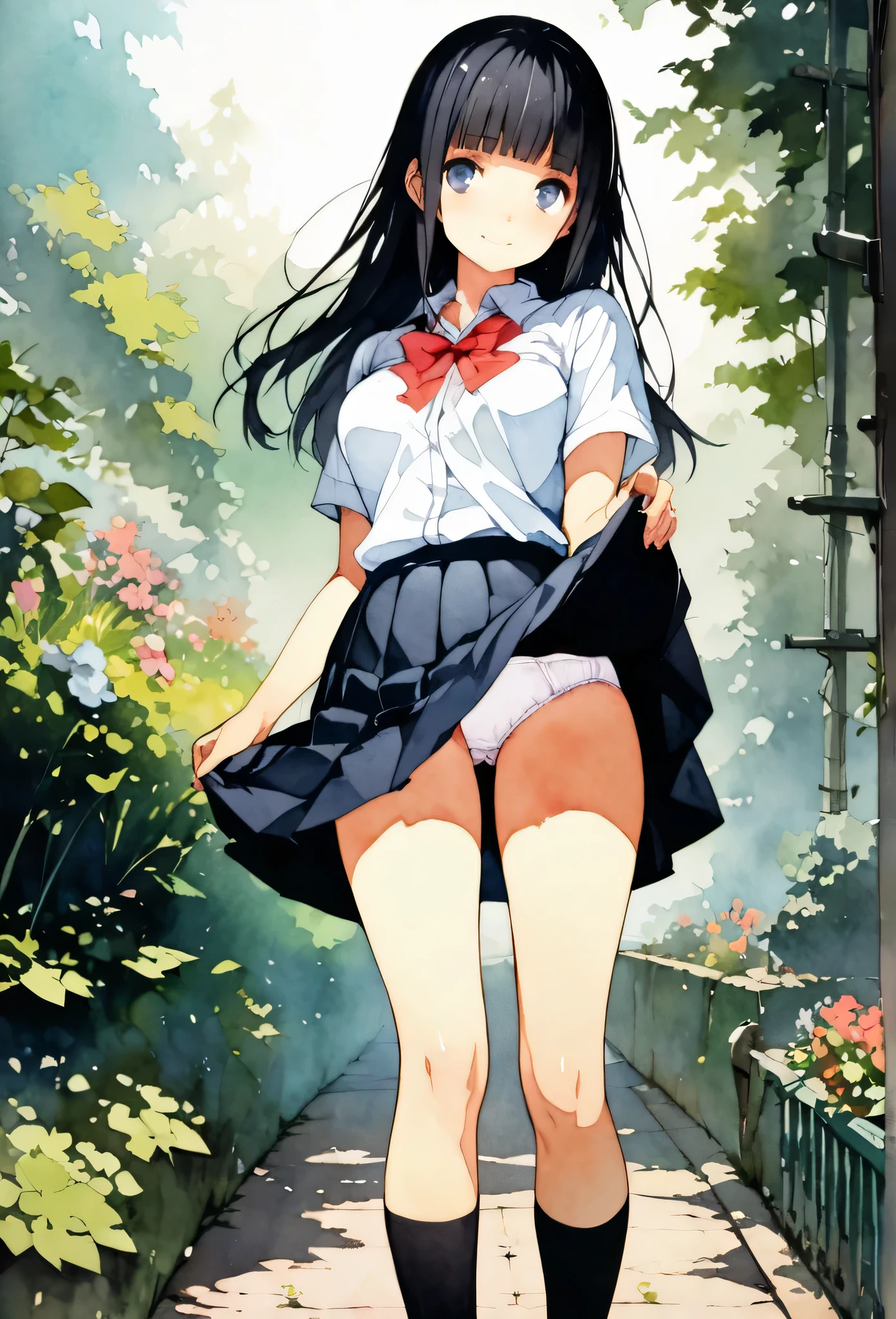 (masterpiece:1.3), (best quality:1.2), (illustration:1.2), (ultra detailed:1.2), (pixiv:1.4),
ultra high res, watercolor, a girl with brown long and blunt bangs hair, garden,skirt lift,white panties,upper body,, incredibly absurdres, huge filesize, ultra-detailed, highres, extremely detailed CG unity 8k wallpaper, CG,masterpiece, (((best quality))), ((ultra-detailed)), (perfect anatomy:1.4),(beautiful eyes:1.4), solo,(early girl:1.3),medium breasts,(cute face:1.2),(long straight black hair with blunt bangs:1.2),(school uniform with shirt and skirt:1),(ribbon:1.1),(zettai ryouiki with black socks:1.3),(smile:0.6),
(masterpiece:1.3), (best quality:1.2), (illustration:1.2), (ultra detailed:1.2), (pixiv:1.4),
ultra high res, watercolor, (masterpiece, best quality),