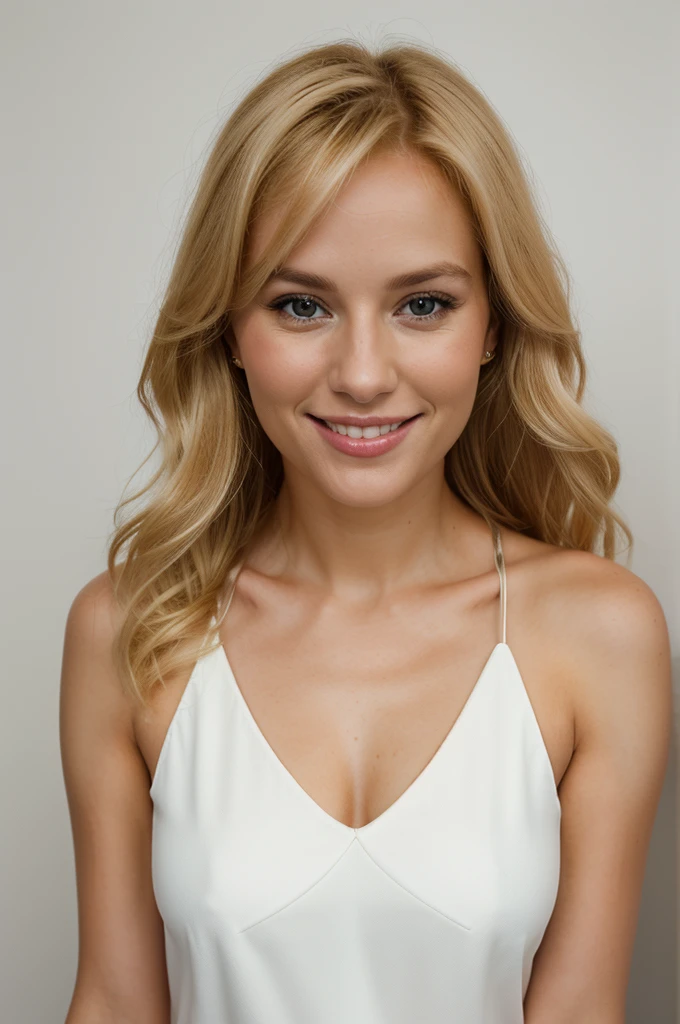 portrait of a 30 years old beautiful, blonde woman, smile on her face, full body, digital photo,