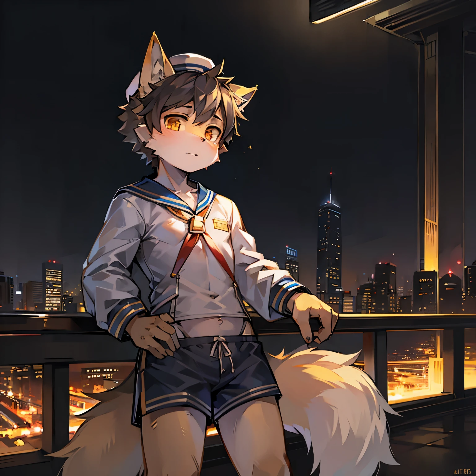 Bright outside,wolf boy,Male focus,furry men,Characteristics of a three-year-old boy,One meter three height,Golden Eyes,Gray skin,Sailor Suit,Sailor Shorts,Sailor hat,city bright background