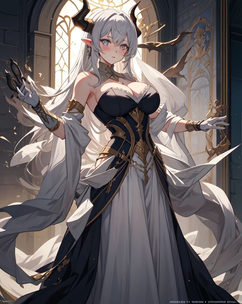 One girl, labrynth, Silver Hair, Grey Eyes, big breasts, horn, Cleavage, silver castle, Exquisite, blush, Nervous,Cowboy Shot, ,High quality generation of dark female characters, Unreasonable,Her figure is terribly beautiful, Emphasizing the dark and crazy elements. Skillfully expressing the effects of light and shadow, detailed, The face and expression of the black costume are also carefully drawn.., Artistic elements add depth to the work, With a unique artistic touch. This film is visually stimulating and aesthetically pleasing.