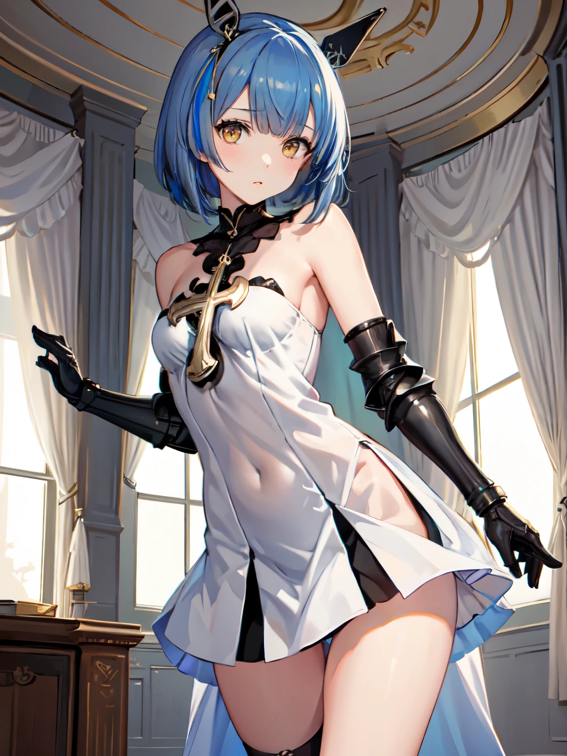 girl with、panties small、Small pants、nfsw、Opening legs、opens legs、lighting like a movie、embarrassed from、slender body, slender legs, black underwear, (standing, dynamic pose), (dainty pose, super cute), best illustration of her looking pretty, (best quality:1.3), (masterpiece:1.3), (illustration:1.3), (ultra-detailed:1.3), 1girl, medium breasts, yellow eyes, hair ornaments, indoors, thigh-highs, upper body, gauntlet, greaves, short bobbed hair, gascogne \(azur lane\), blue hair, cross, emotionless, tall, mature, head ornaments, black stockings, white dress,