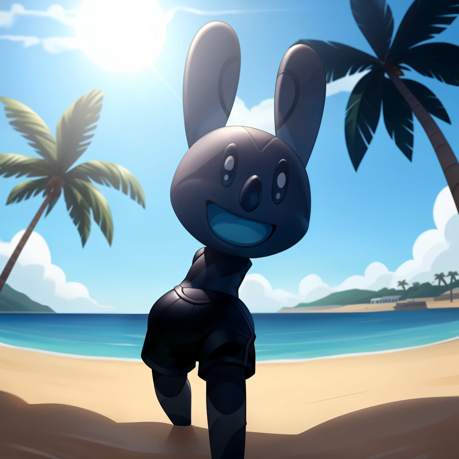 Oswald, armless, missing arm, no weapons, black eyes, Blue shorts, Open smile, big and wide mouth, Agape, There are white dots on the ears, Staring at the viewer, whole body, Enjoy this place, Dynamic angle, Beach Background, Detailed Art, Palm trees, Intricate details