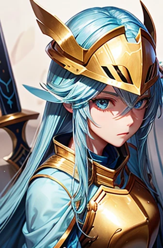 Long light blue hair with darker ends Gold Armor A large golden visor helmet Beautiful female swordsman Golden Sword Upper Body Long eyelashes