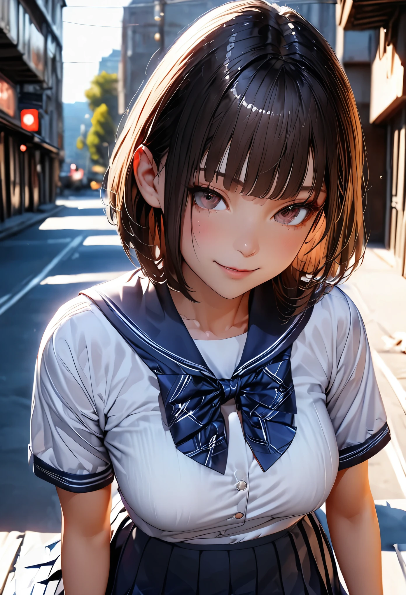 (masterpiece:1.3), (8k、Realistic, RAW Photos, highest quality:1.2), (alone), (1 girl), (cute:1.3), (Very beautiful 14 year old Japanese girl), Symmetrical perfect face, nice smile, Red cheeks, (Skin with attention to detail: 1.2), Photorealistic Anime Girl Rendering, Realistic anime 3D style, beautiful brown hair bob cut, Intense black eyes, Strong eye highlights, (Accurate and natural normal size breasts), Perfect Anatomy, messy hair, (Sailor suit), ((Navy colored white short sleeve shirt, Girls&#39; High School ,  navy pleated skirt, navy blue plaid bow tie)), (Luxury silk bra and panties), Accurate Arm, Five Fingers, Accurate legs, morning, (Beautiful Landscape Background), (Downtown), On the bench, get up, Volumetric lighting, Soft Light, bright, neon, bright色