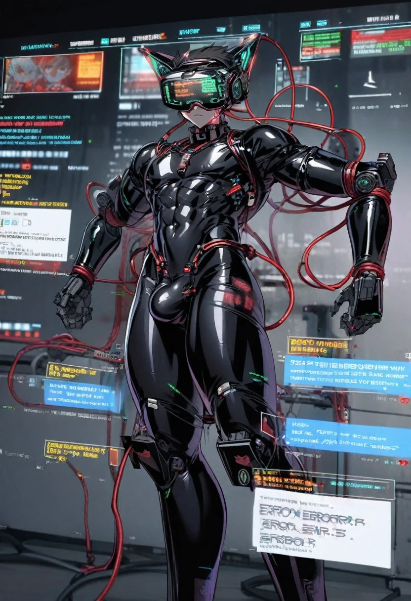 (nsfw5) (((1boy))), (((anime boy))), 20 years old, muscular body, latex suit, black latex, skintight no zipper latex suit, fullbody latex suit, shoulder plastic armour, ((robotic neck)), ((wearing virtual reality headset1.5)), ((thick cables plugged on headset)), cat ears, cyborg, latex, cyberpunk, cyberpunk hospital, (thick cables plugged on crotch1.5), (((((error messages on screen3.5))))),red lightning, mind reprogramming, ((corruption bodysuit)), blank stare, crotch bulge, restrained by four pneumatic arms, (heads-up display), wearing black lipstick, cables plugged into cat ears, (((transformation into robot3))), (((assembly line arms5))), charging port on anus, charging cable plugged on anus, visible charging, padlock tattoo on crotch