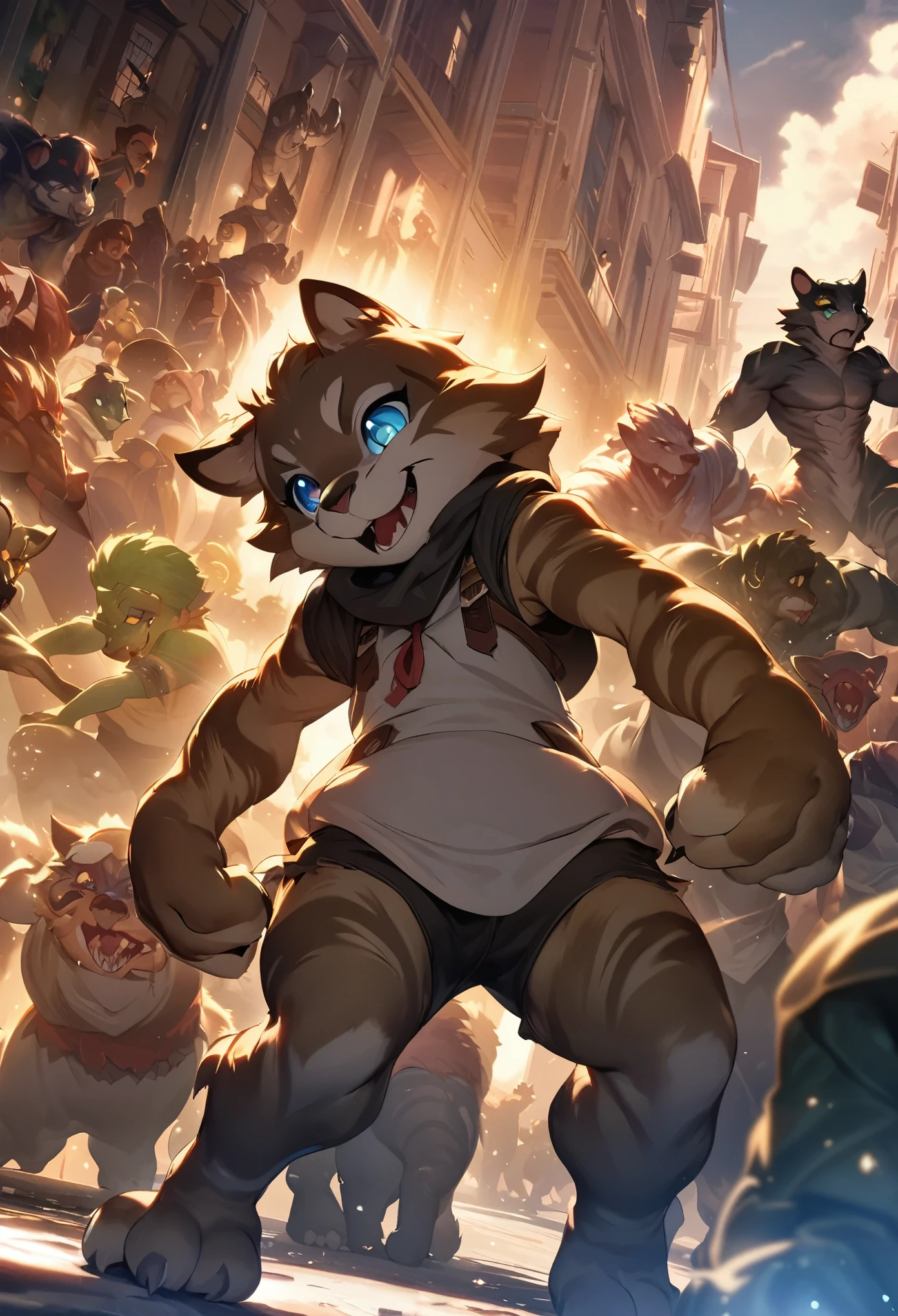 top quality, best quality, High-quality illustrations, masterpiece, super high resolution, detailed background, Back alleys((battle movie of Terrifying creatures and human child)), 6+boys, 6+girls, absurdres(highly detailed beautiful face and eyes)perfect anatomy, expression, caustics, light rays, dynamic lighting, light particles, lens flare, cinematic shadow(kemono, furry anthro)assorted poses, dynamic angle,
